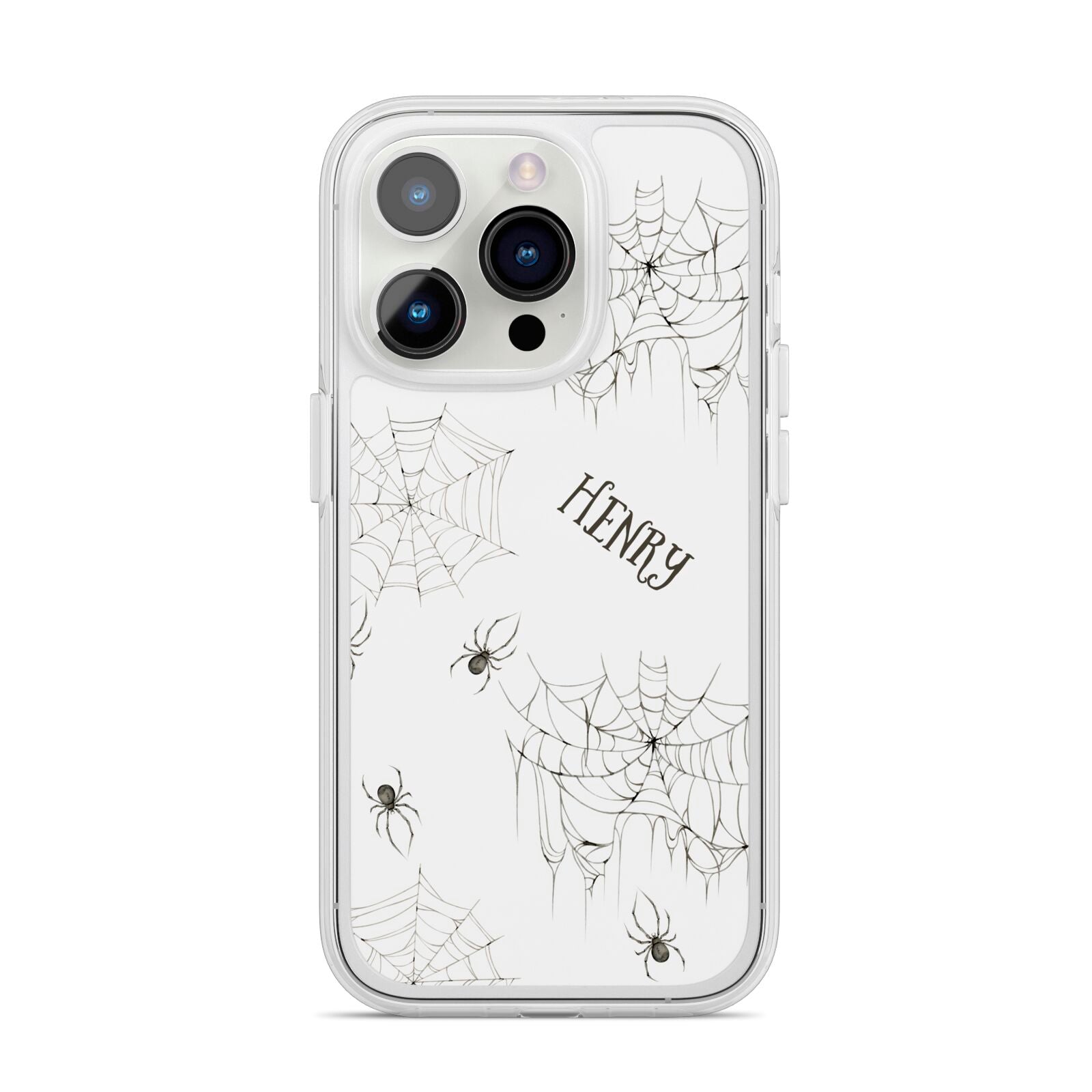 Spooky Spiders Webs Personalised iPhone 14 Pro Clear Tough Case Silver