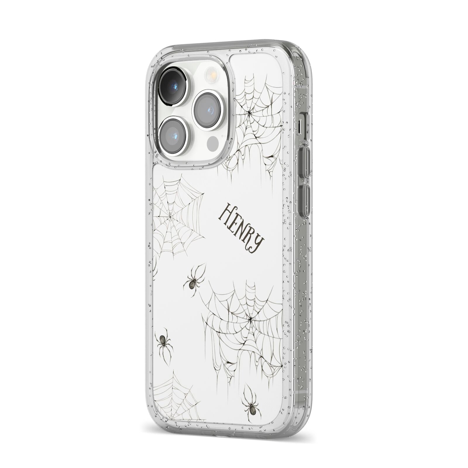 Spooky Spiders Webs Personalised iPhone 14 Pro Glitter Tough Case Silver Angled Image