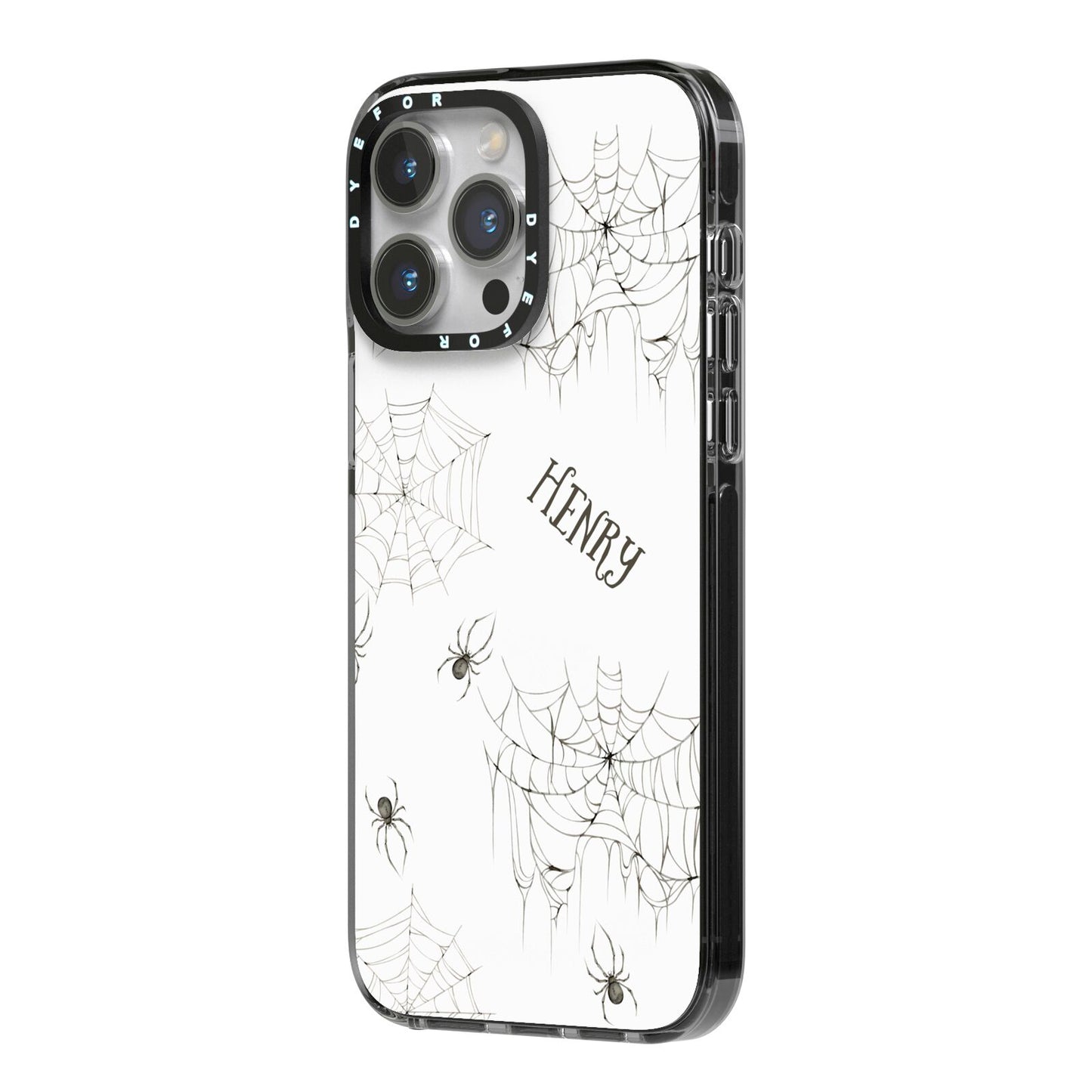Spooky Spiders Webs Personalised iPhone 14 Pro Max Black Impact Case Side Angle on Silver phone