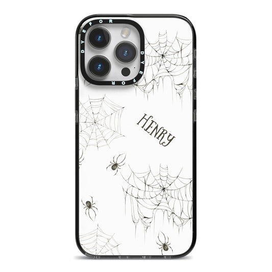 Spooky Spiders Webs Personalised iPhone 14 Pro Max Black Impact Case on Silver phone
