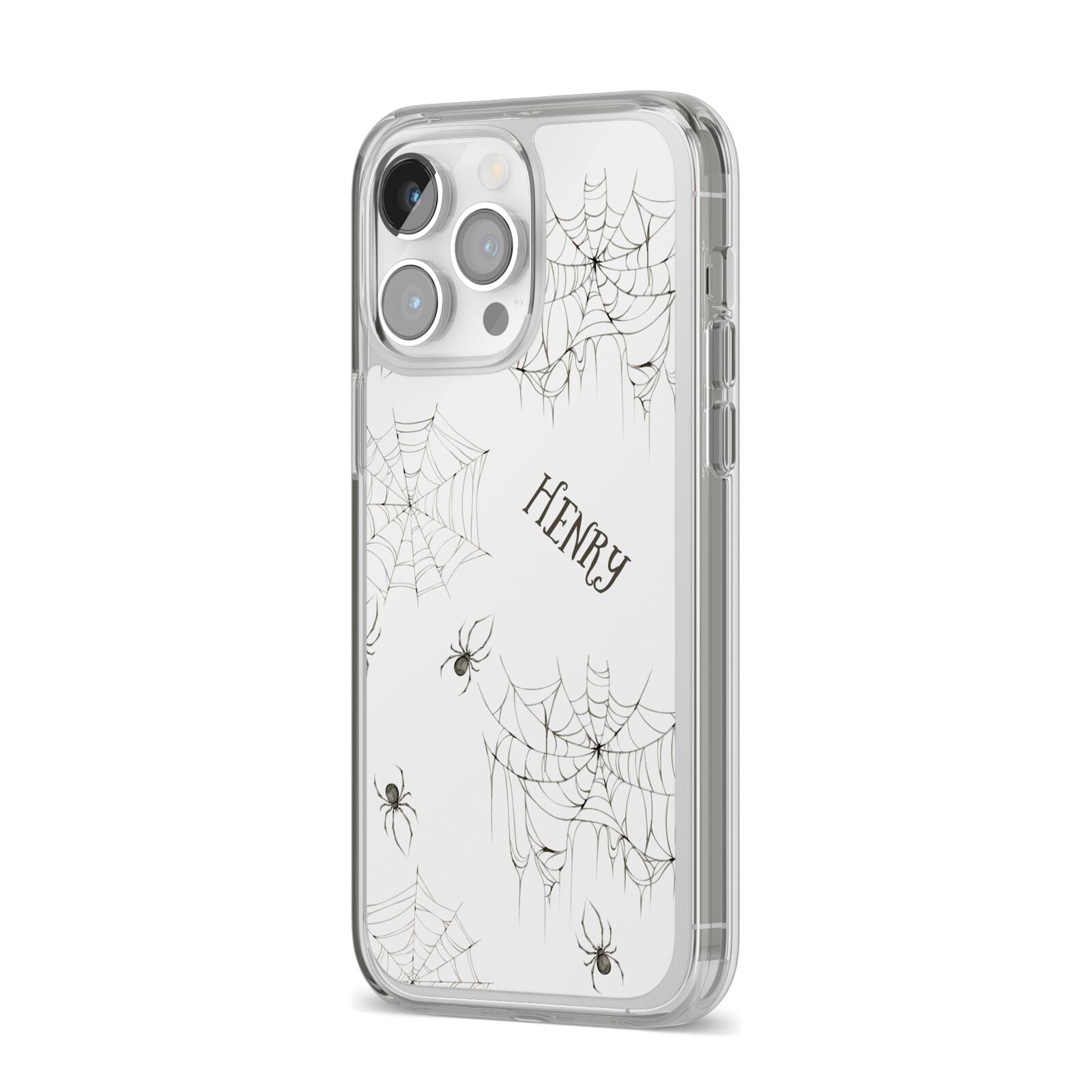 Spooky Spiders Webs Personalised iPhone 14 Pro Max Clear Tough Case Silver Angled Image