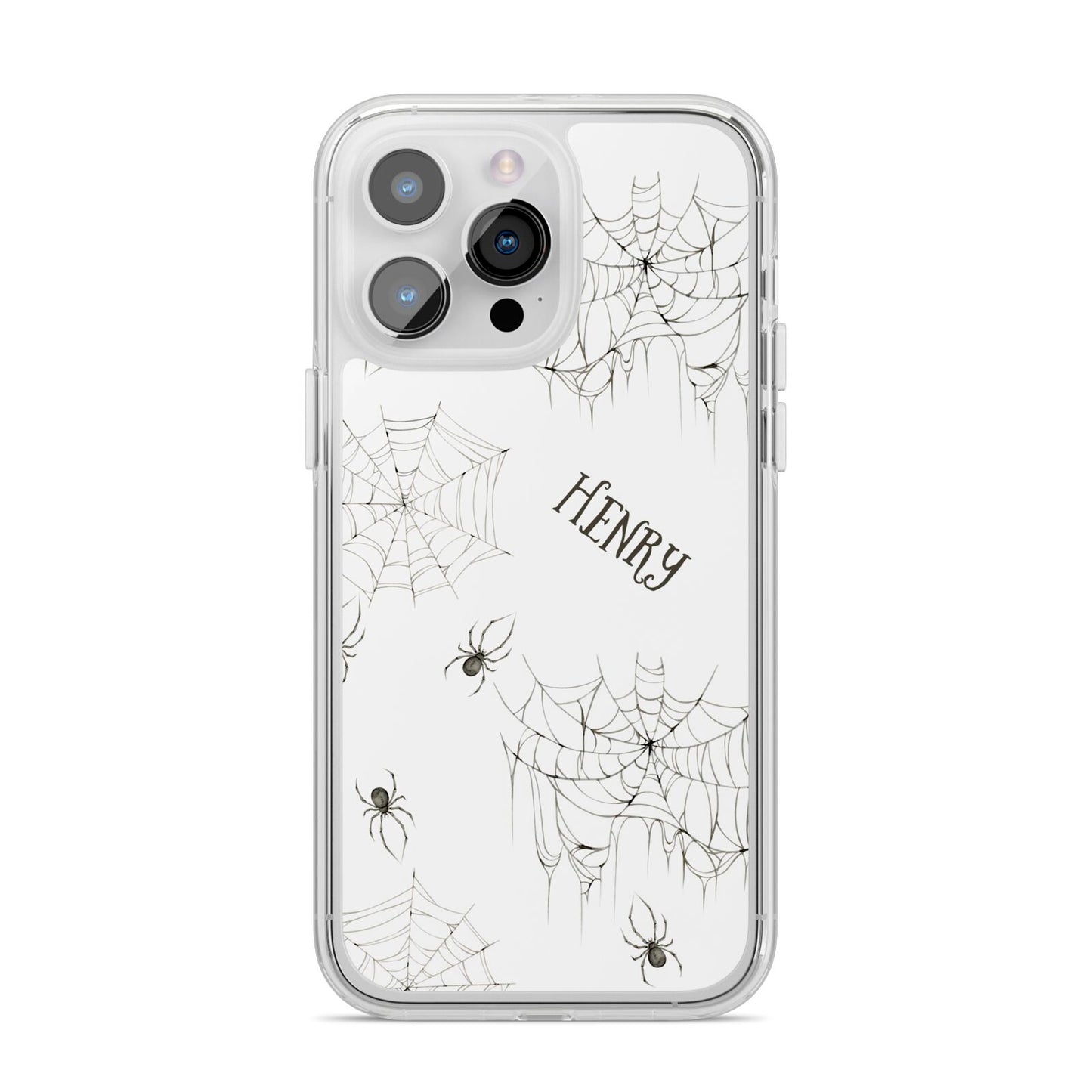 Spooky Spiders Webs Personalised iPhone 14 Pro Max Clear Tough Case Silver