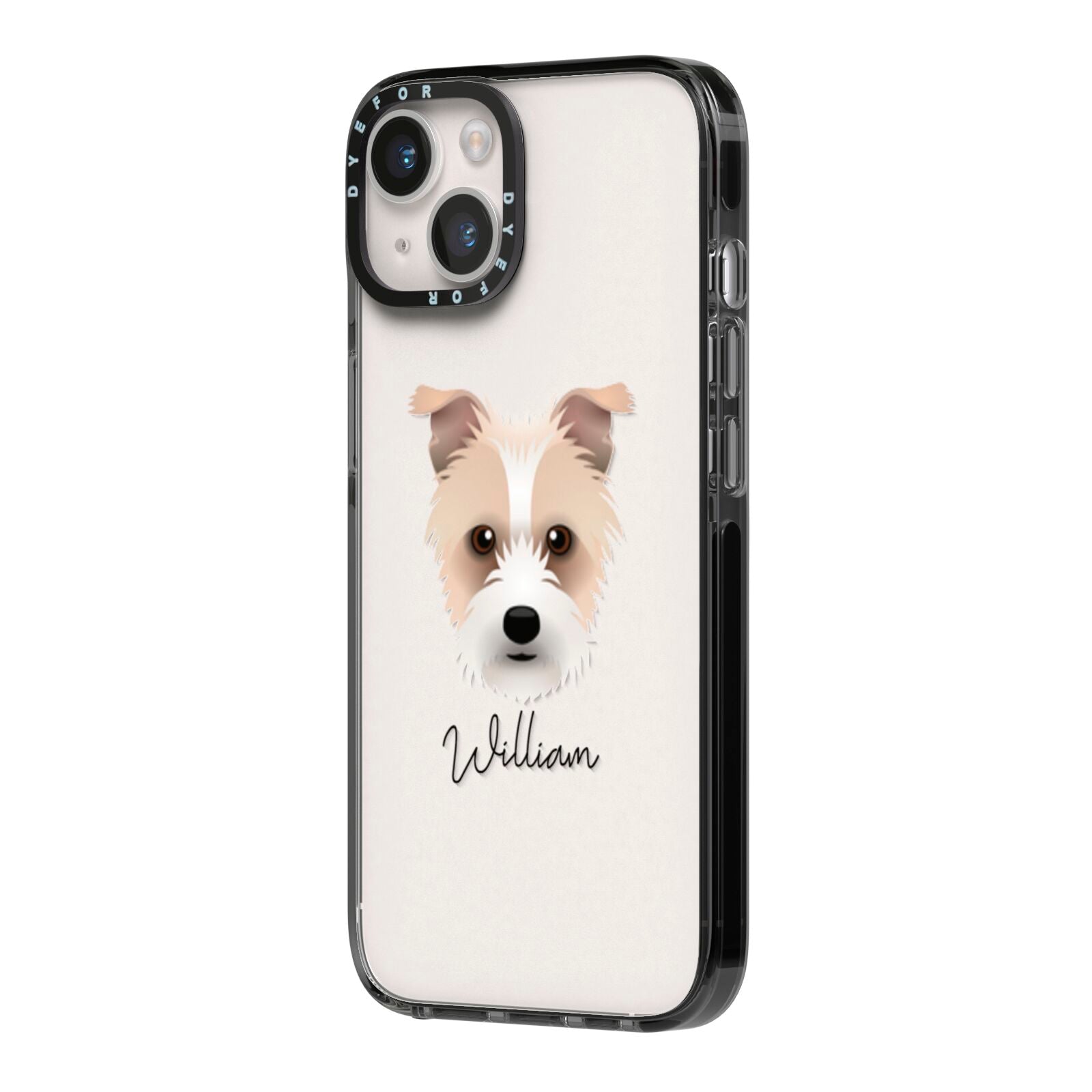 Sporting Lucas Terrier Personalised iPhone 14 Black Impact Case Side Angle on Silver phone