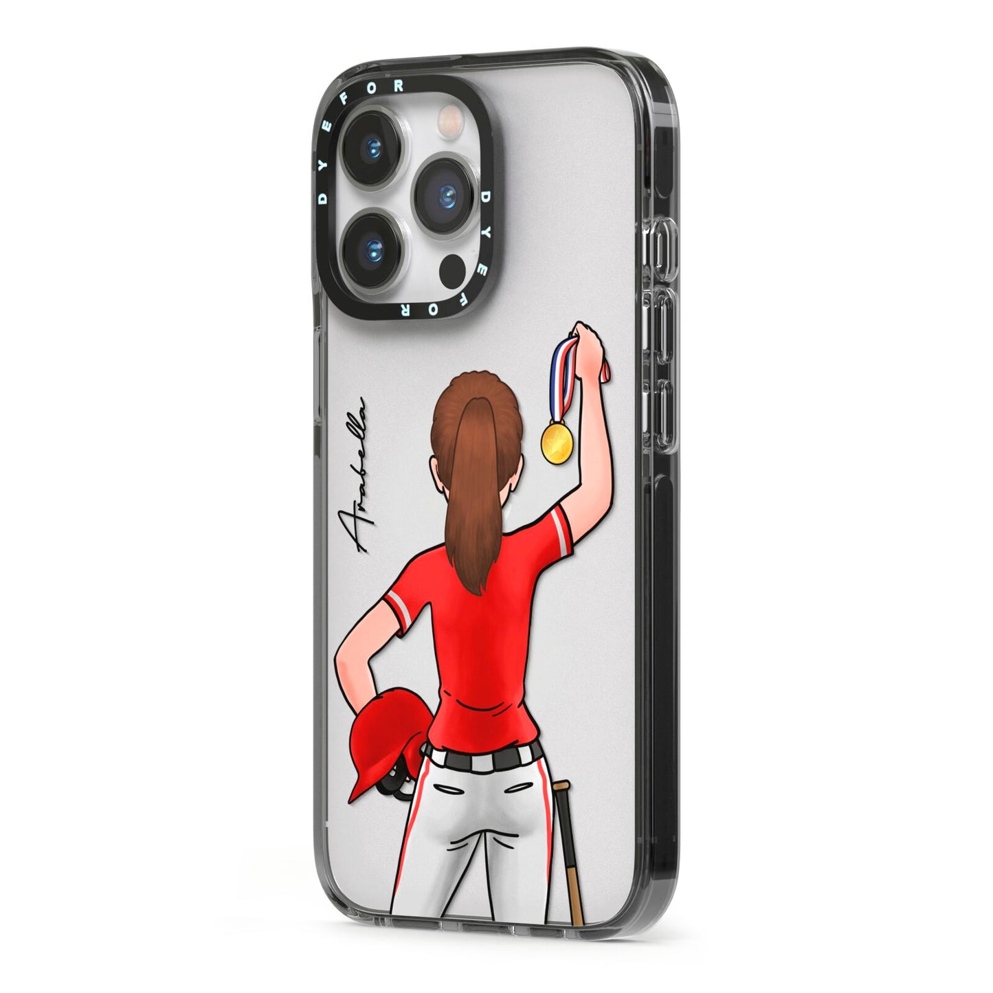 Sports Girl Personalised iPhone 13 Pro Black Impact Case Side Angle on Silver phone