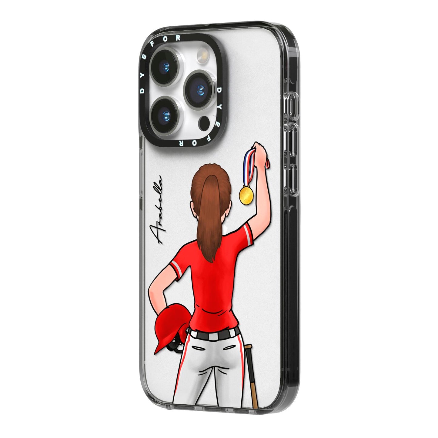 Sports Girl Personalised iPhone 14 Pro Black Impact Case Side Angle on Silver phone
