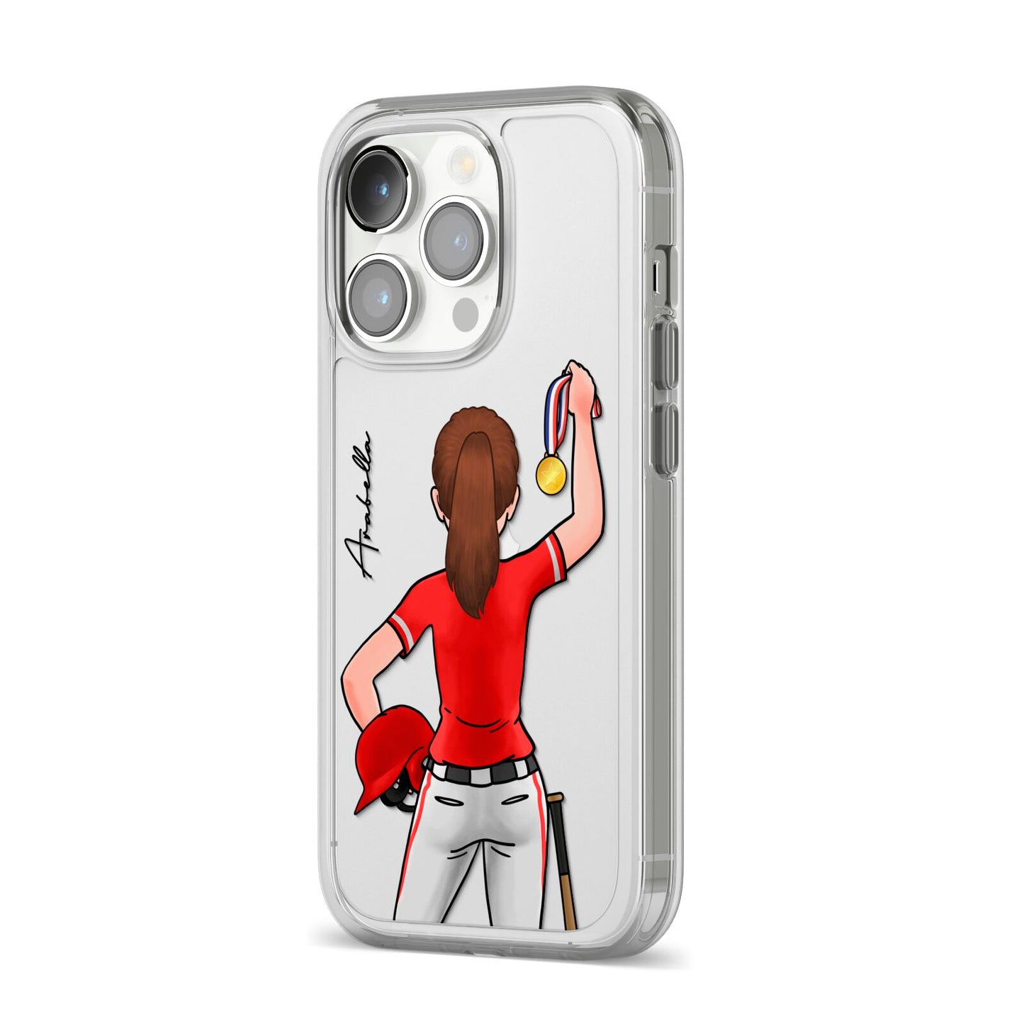 Sports Girl Personalised iPhone 14 Pro Clear Tough Case Silver Angled Image
