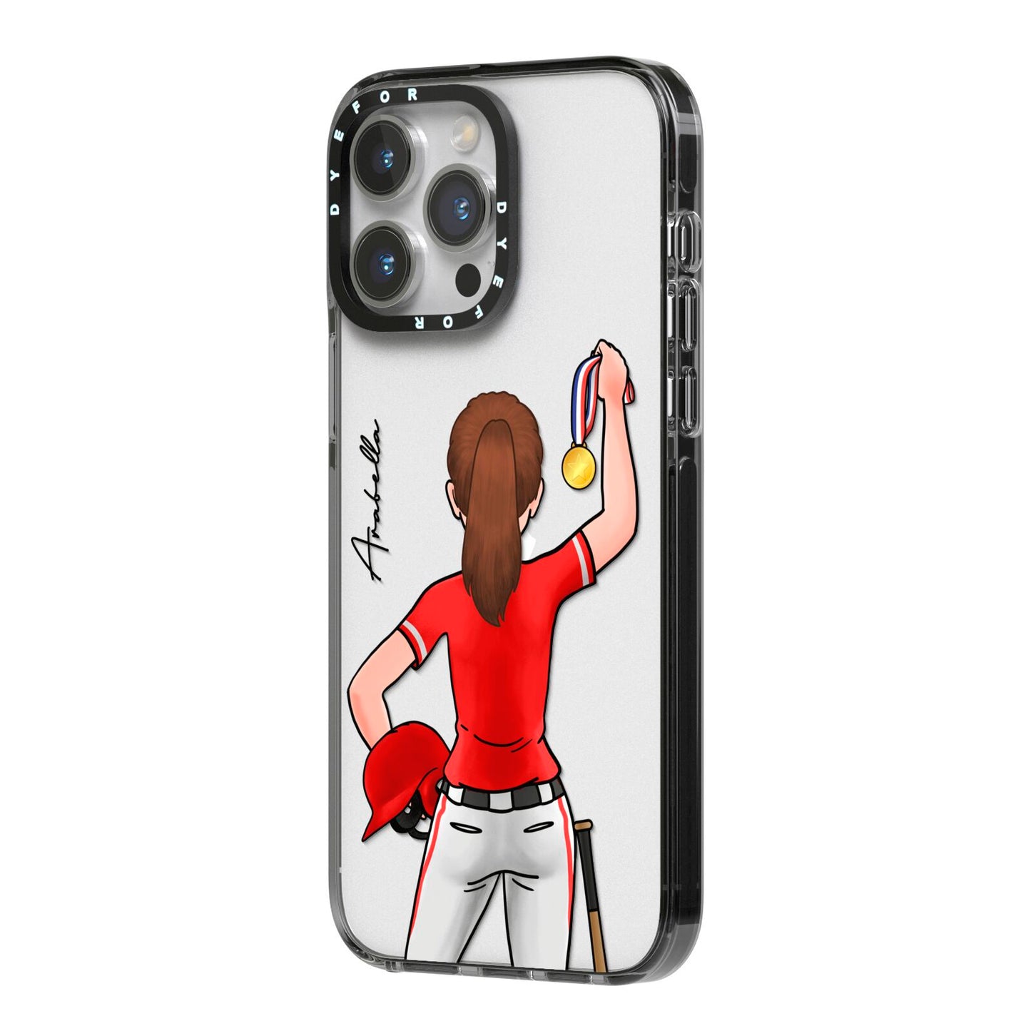 Sports Girl Personalised iPhone 14 Pro Max Black Impact Case Side Angle on Silver phone