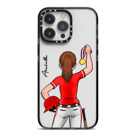 Sports Girl Personalised iPhone 14 Pro Max Black Impact Case on Silver phone