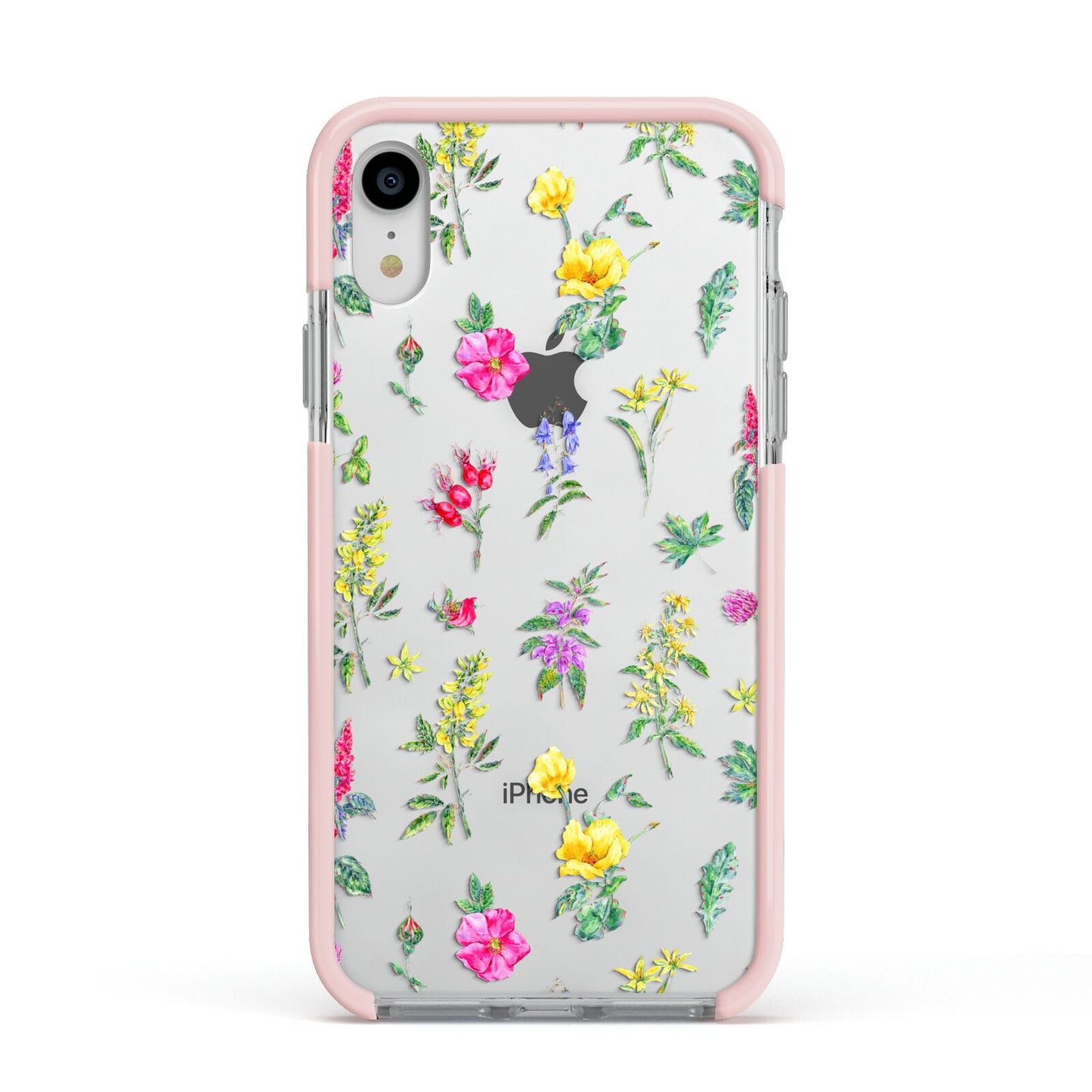 Sprigs Of Floral Apple iPhone XR Impact Case Pink Edge on Silver Phone