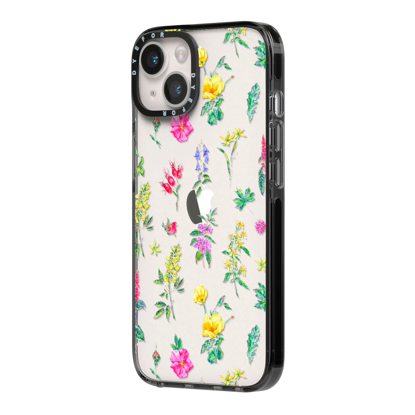 Sprigs Of Floral iPhone 14 Black Impact Case Side Angle on Silver phone