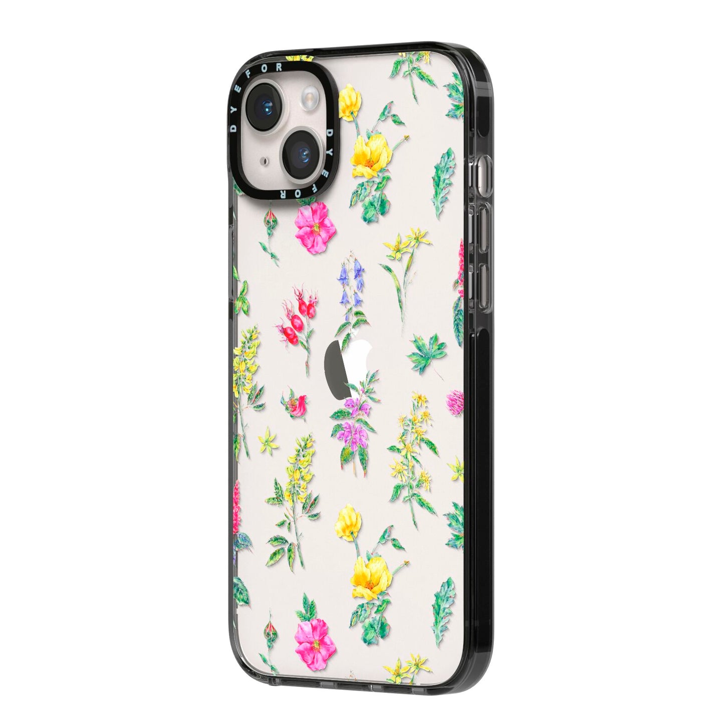 Sprigs Of Floral iPhone 14 Plus Black Impact Case Side Angle on Silver phone