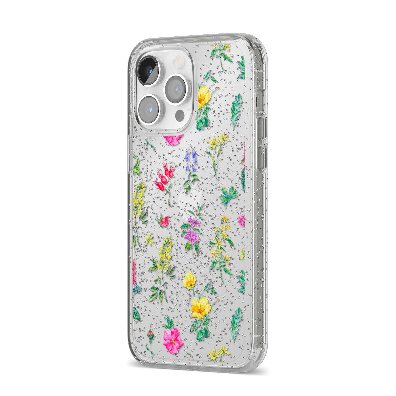 Sprigs Of Floral iPhone 14 Pro Max Glitter Tough Case Silver Angled Image