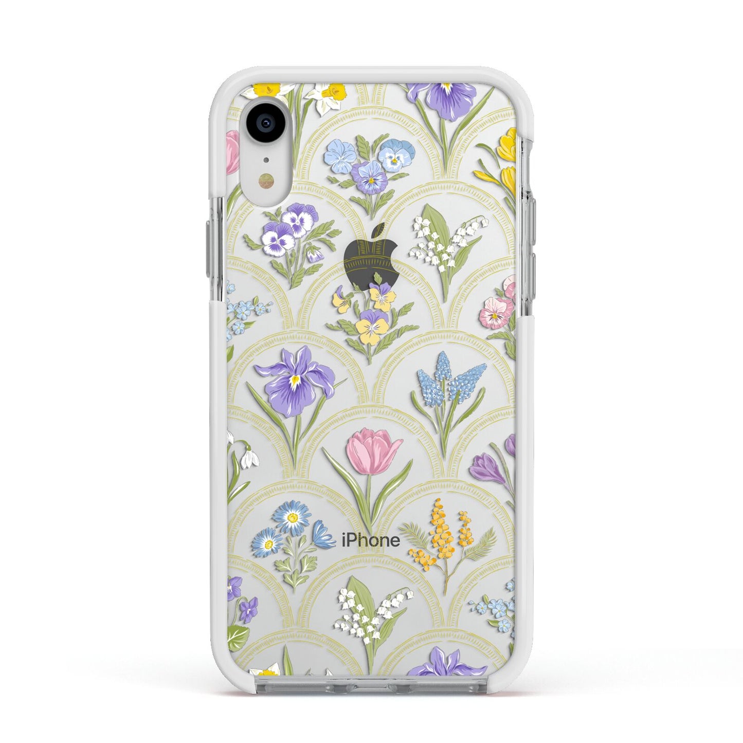 Spring Floral Pattern Apple iPhone XR Impact Case White Edge on Silver Phone