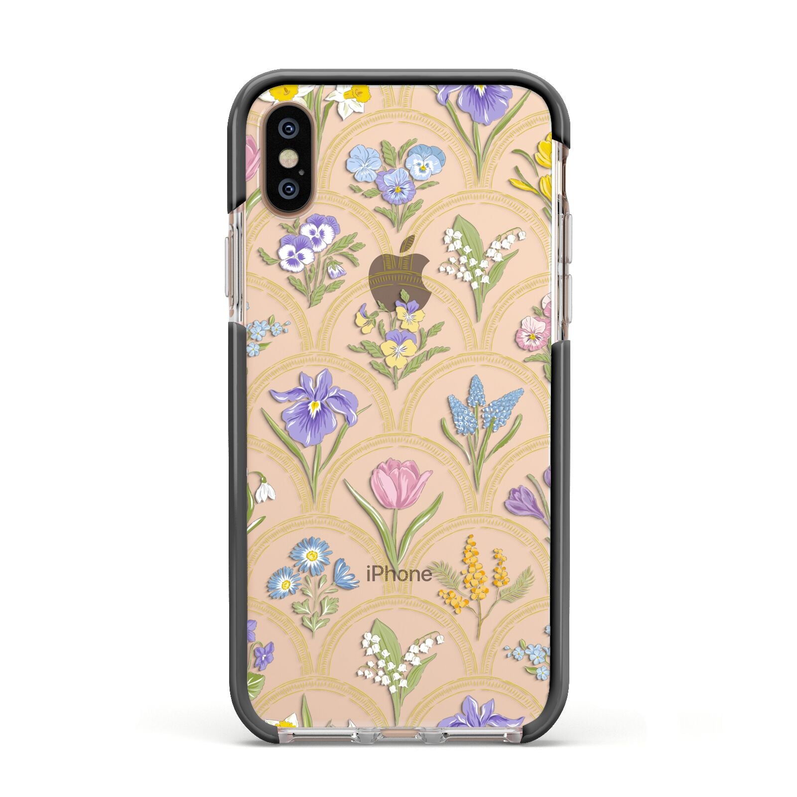 Spring Floral Pattern Apple iPhone Xs Impact Case Black Edge on Gold Phone
