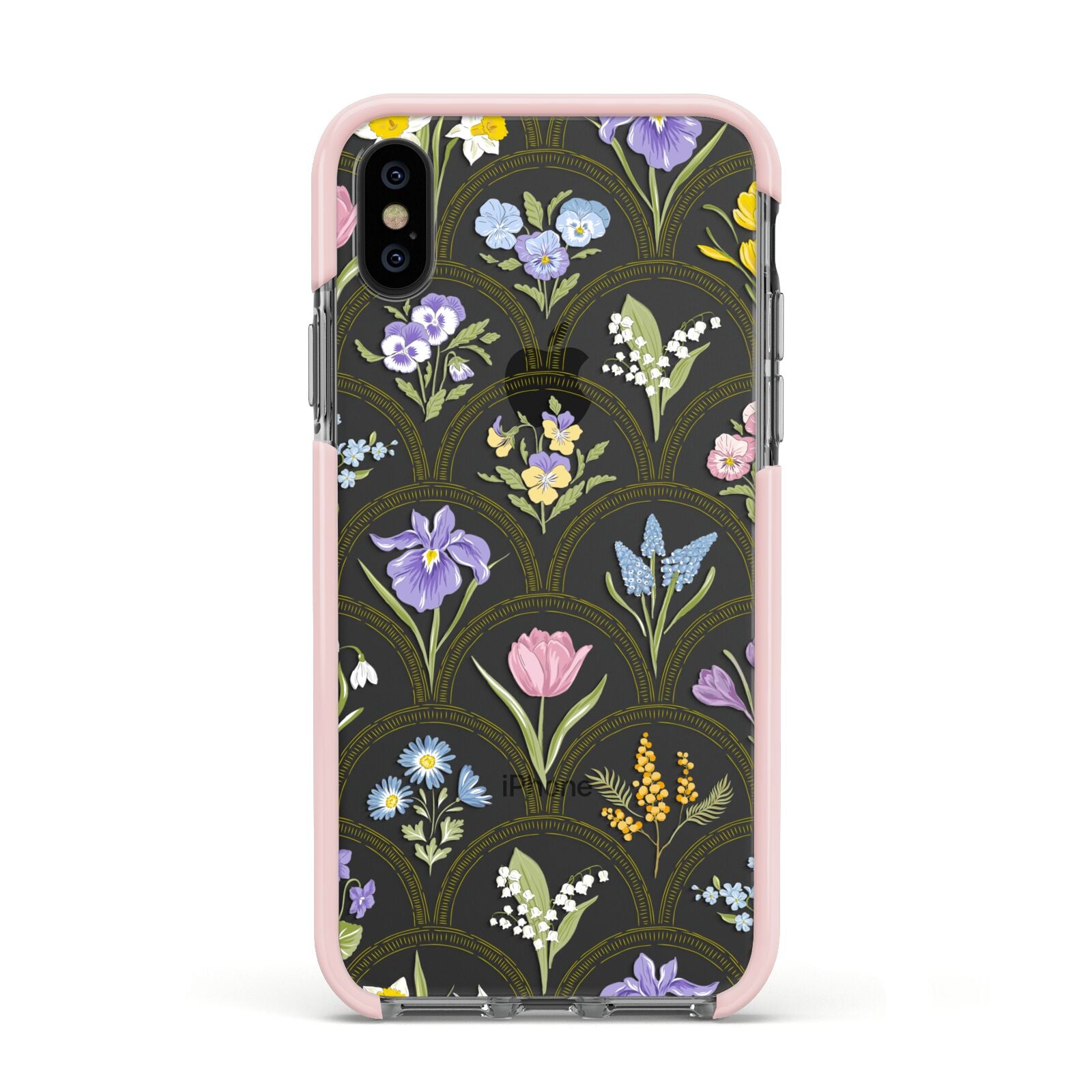 Spring Floral Pattern Apple iPhone Xs Impact Case Pink Edge on Black Phone