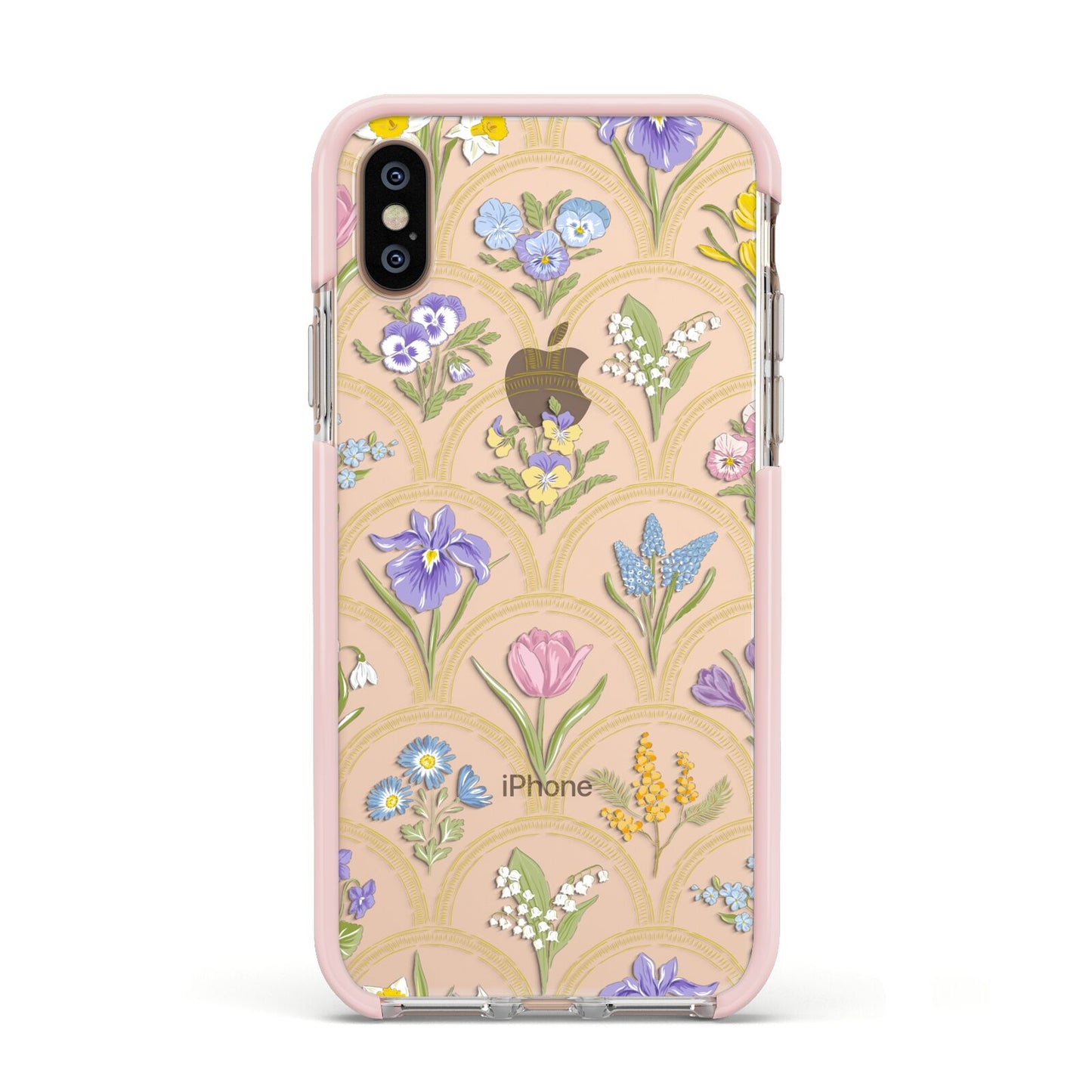 Spring Floral Pattern Apple iPhone Xs Impact Case Pink Edge on Gold Phone