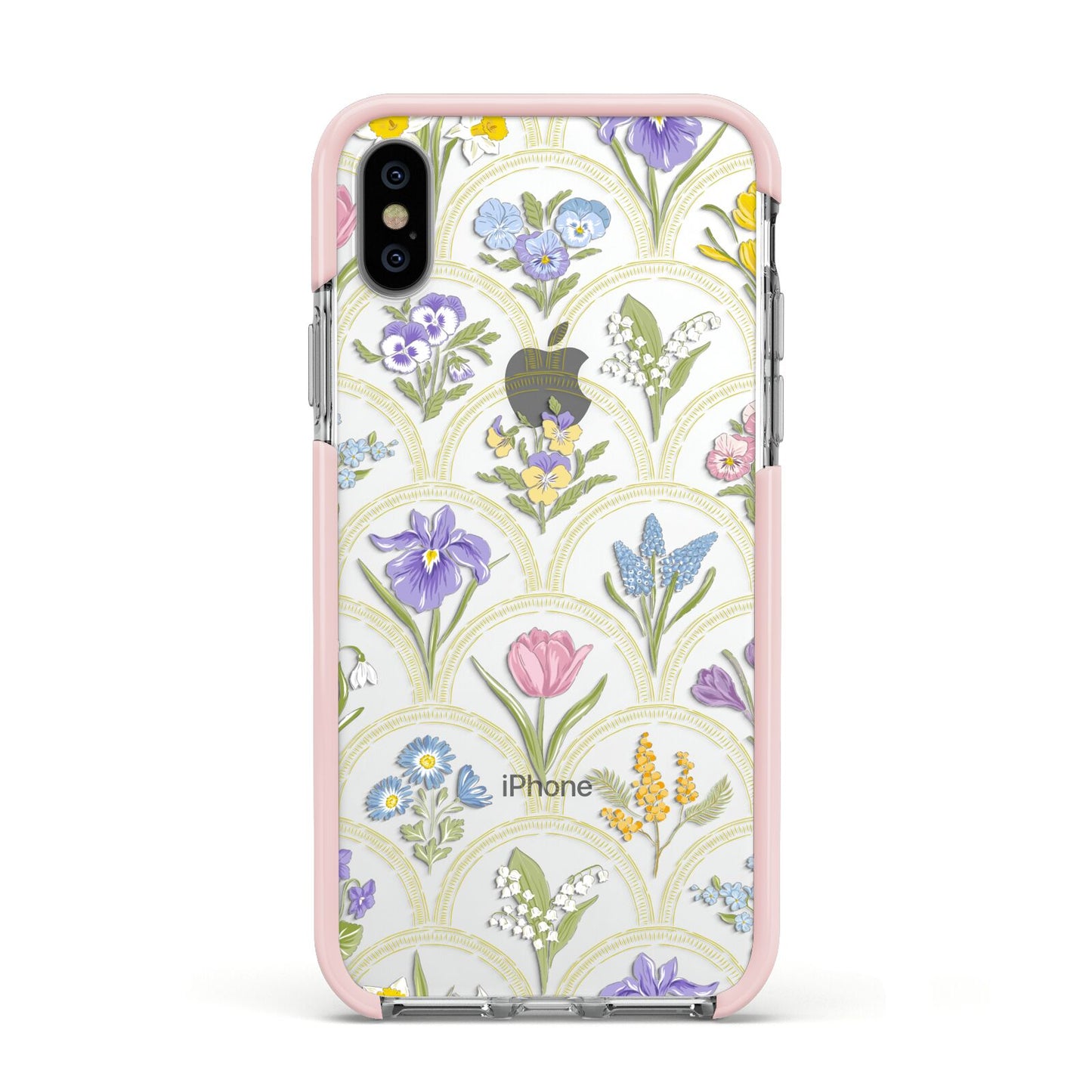 Spring Floral Pattern Apple iPhone Xs Impact Case Pink Edge on Silver Phone