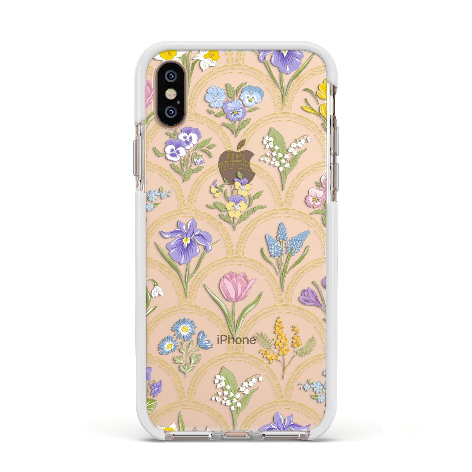 Spring Floral Pattern Apple iPhone Xs Impact Case White Edge on Gold Phone