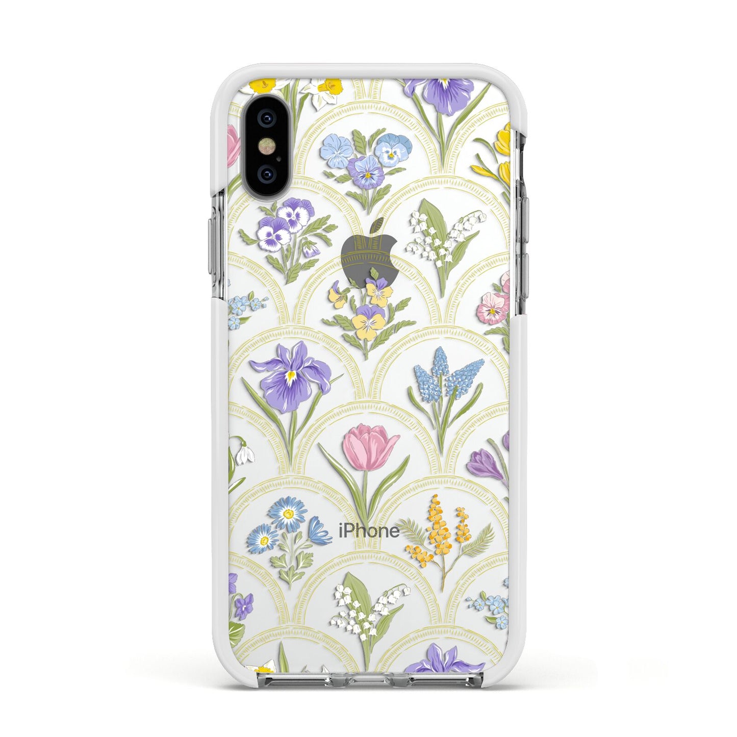 Spring Floral Pattern Apple iPhone Xs Impact Case White Edge on Silver Phone