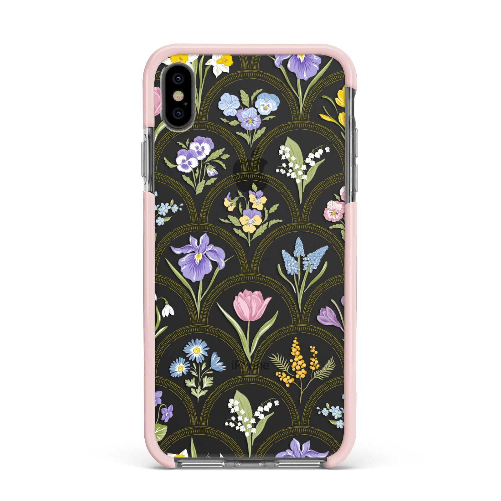 Spring Floral Pattern Apple iPhone Xs Max Impact Case Pink Edge on Black Phone