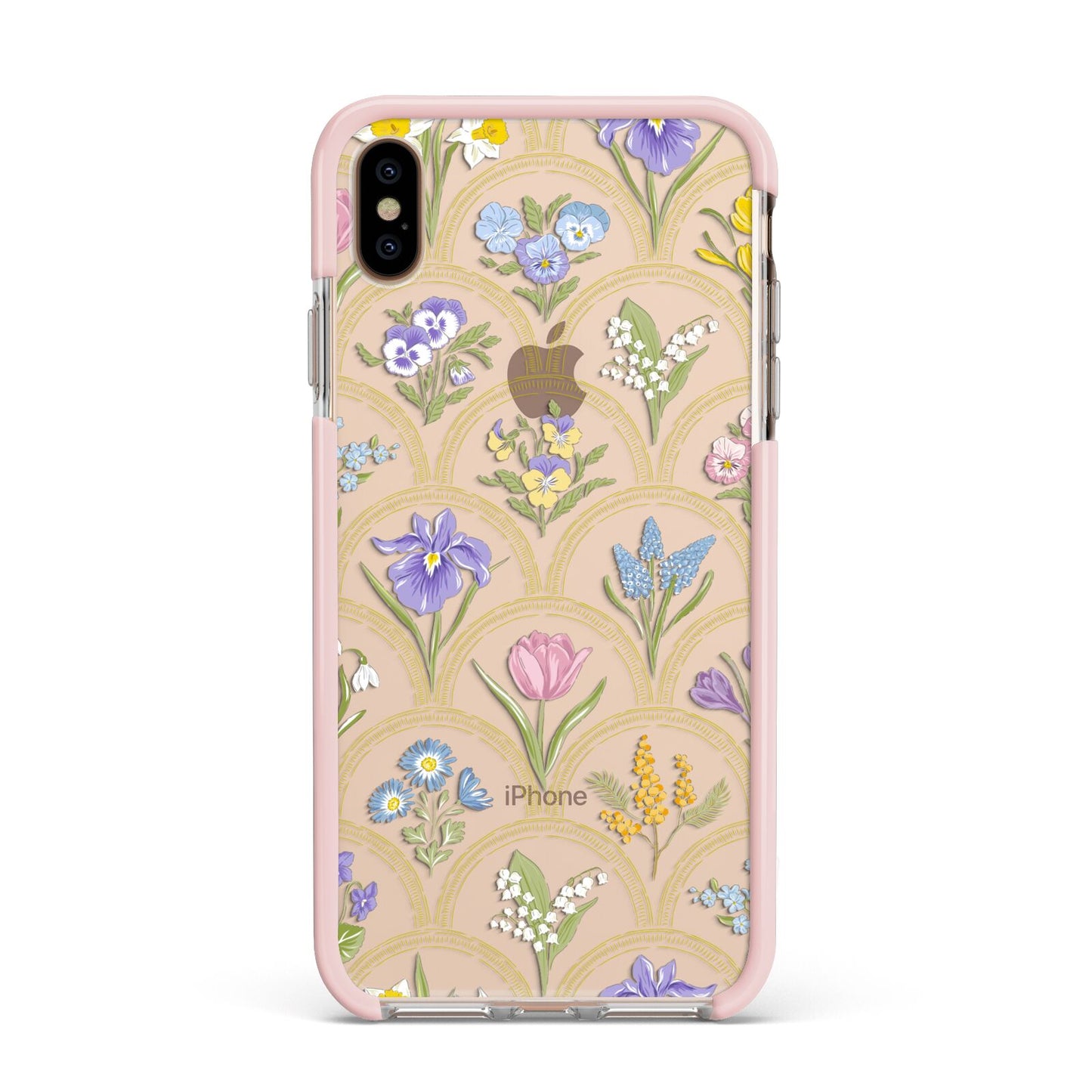 Spring Floral Pattern Apple iPhone Xs Max Impact Case Pink Edge on Gold Phone