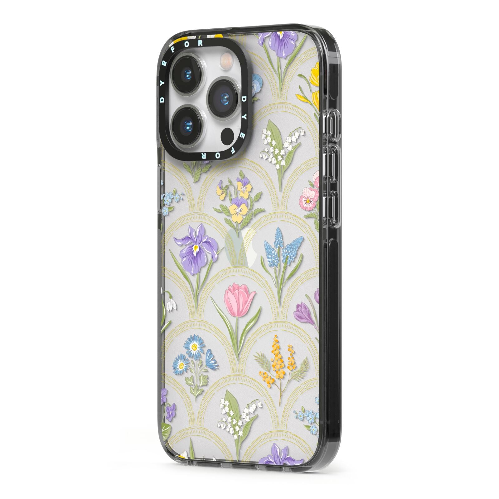 Spring Floral Pattern iPhone 13 Pro Black Impact Case Side Angle on Silver phone