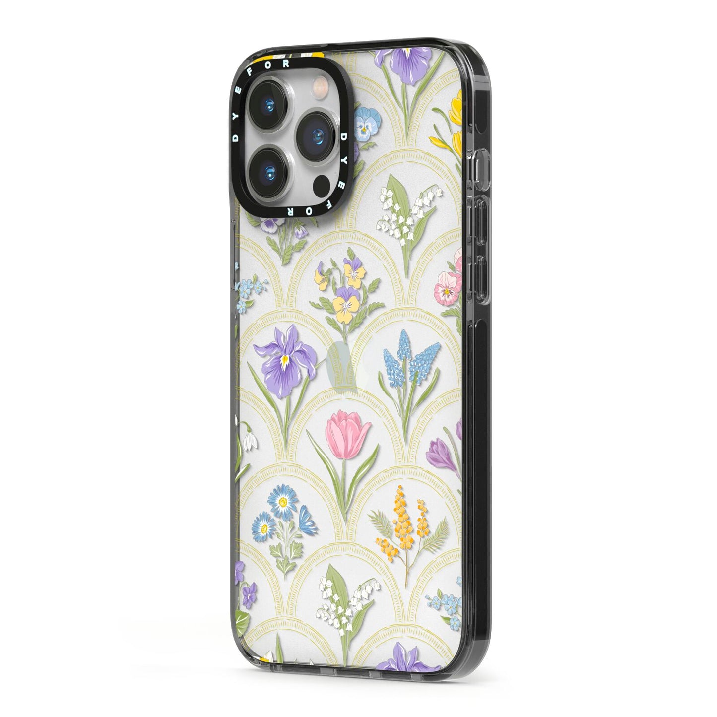 Spring Floral Pattern iPhone 13 Pro Max Black Impact Case Side Angle on Silver phone