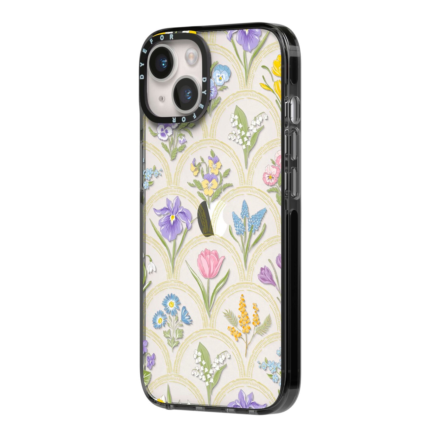 Spring Floral Pattern iPhone 14 Black Impact Case Side Angle on Silver phone