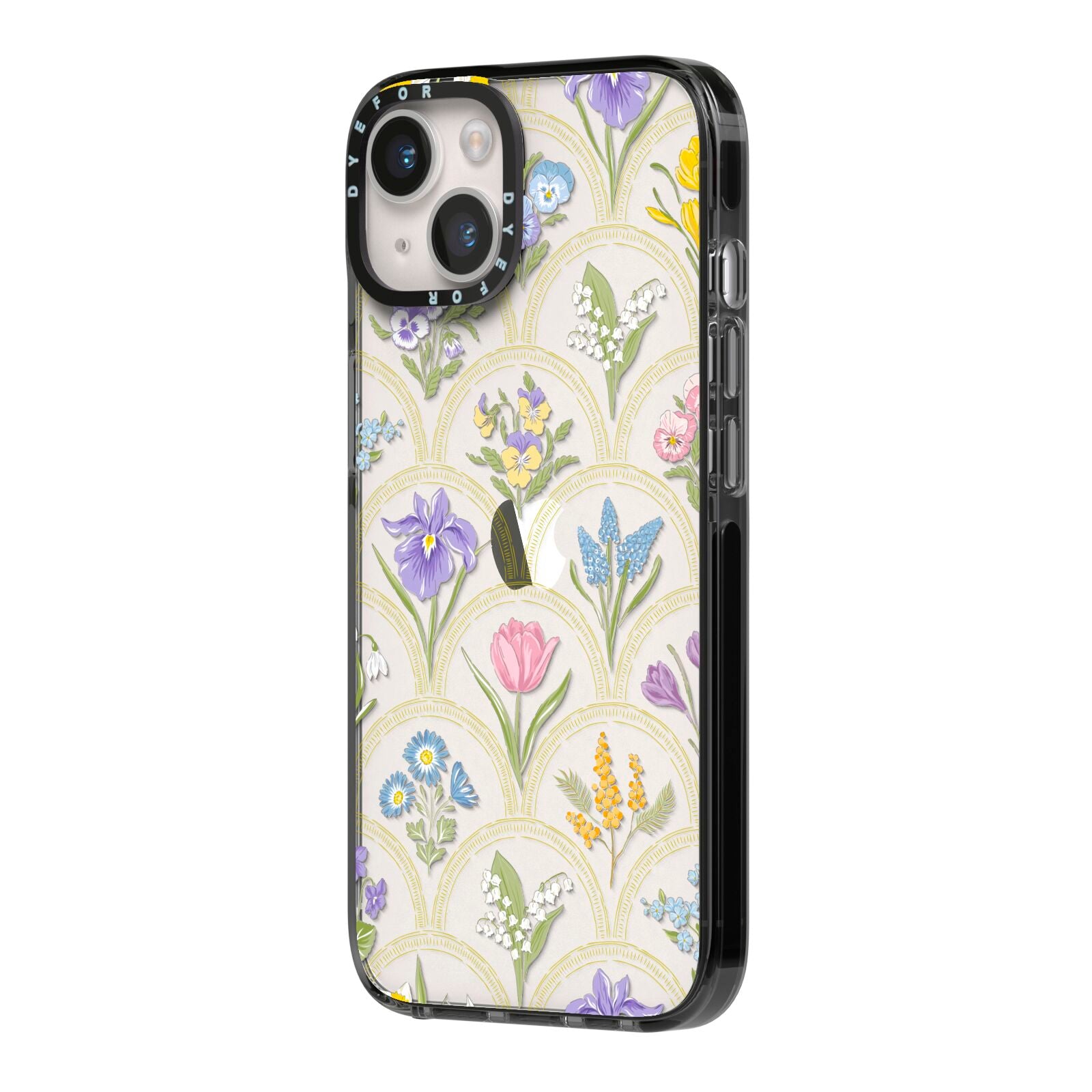 Spring Floral Pattern iPhone 14 Black Impact Case Side Angle on Silver phone