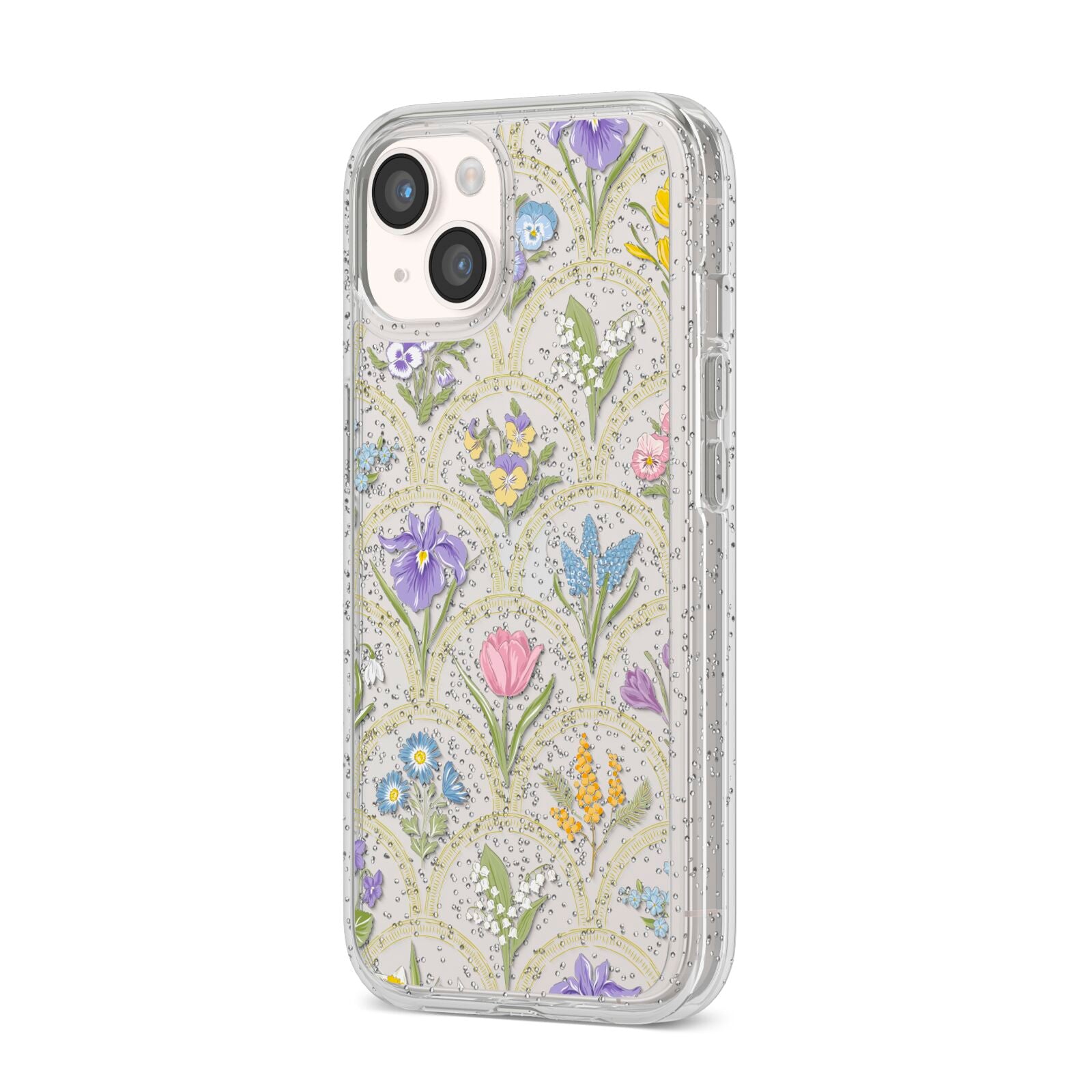 Spring Floral Pattern iPhone 14 Glitter Tough Case Starlight Angled Image