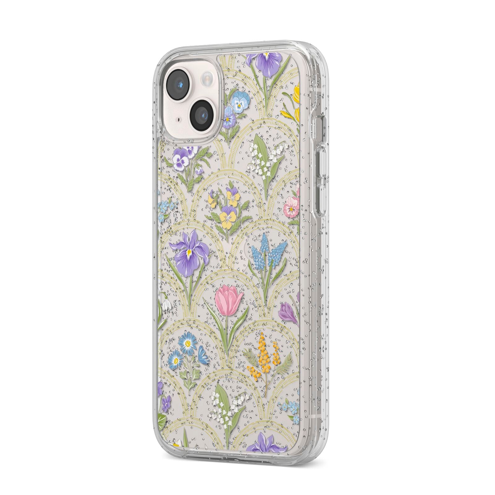 Spring Floral Pattern iPhone 14 Plus Glitter Tough Case Starlight Angled Image