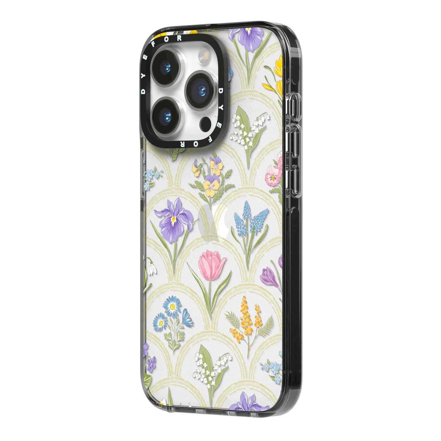 Spring Floral Pattern iPhone 14 Pro Black Impact Case Side Angle on Silver phone