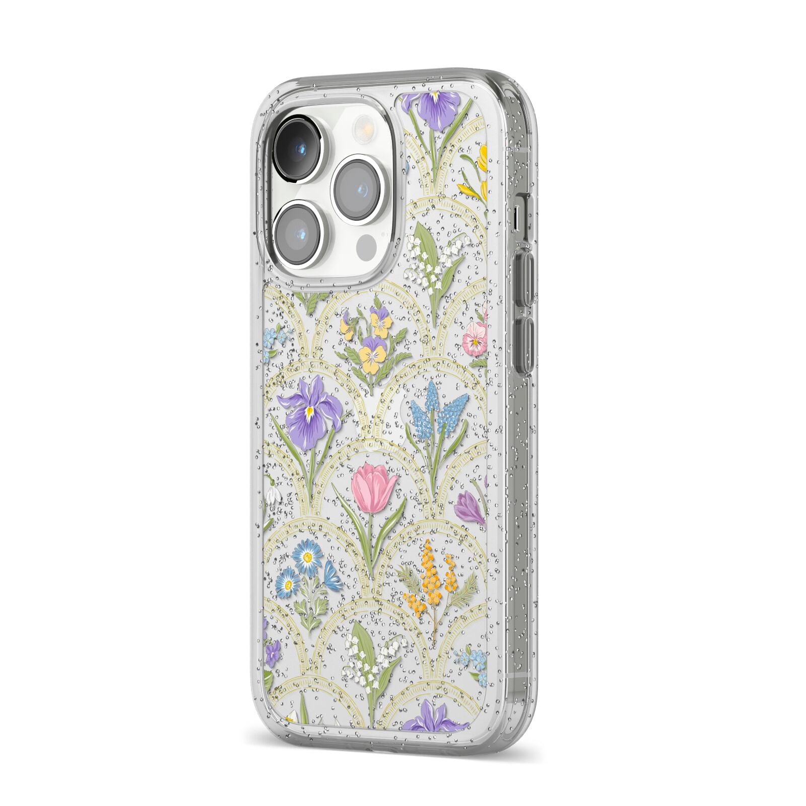 Spring Floral Pattern iPhone 14 Pro Glitter Tough Case Silver Angled Image