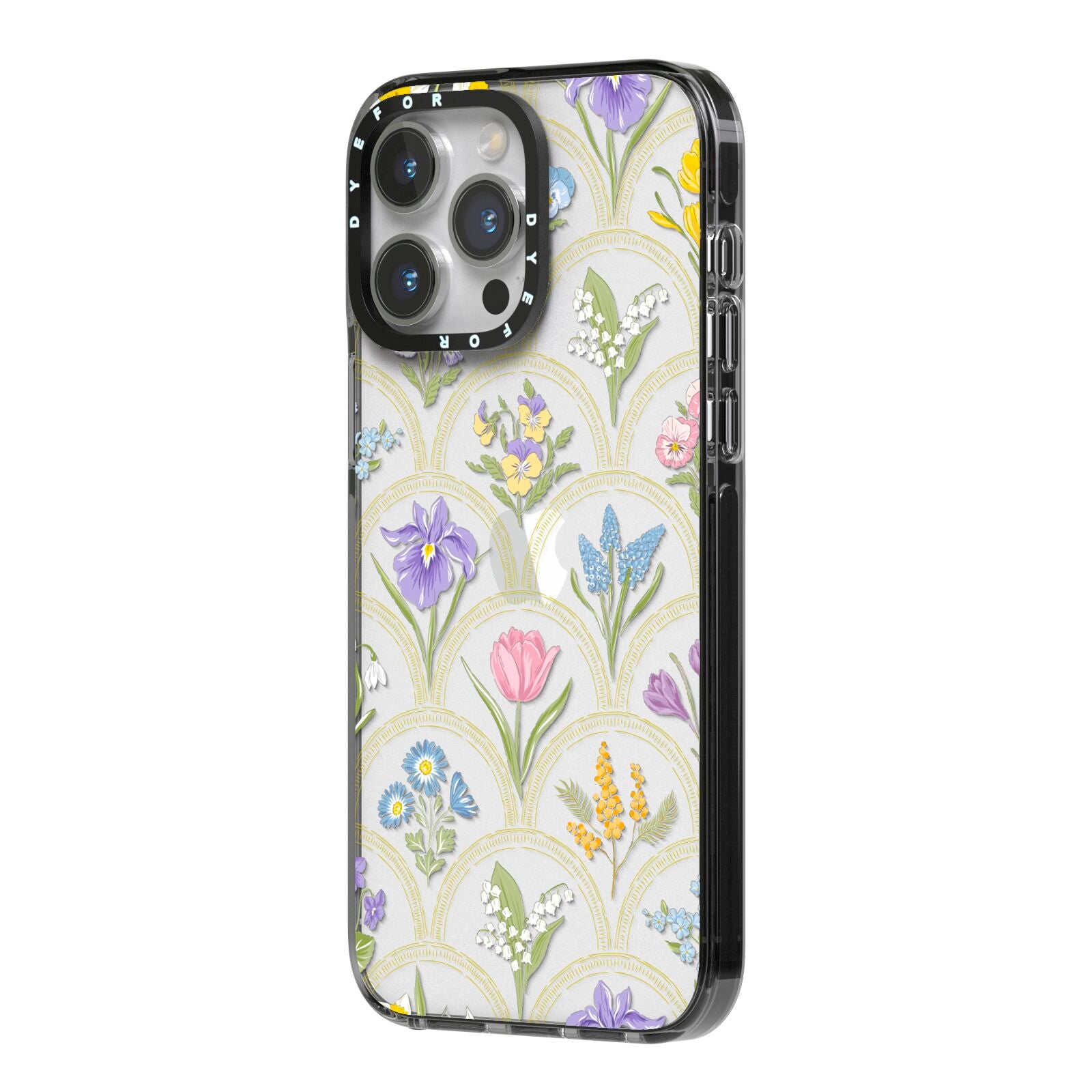 Spring Floral Pattern iPhone 14 Pro Max Black Impact Case Side Angle on Silver phone