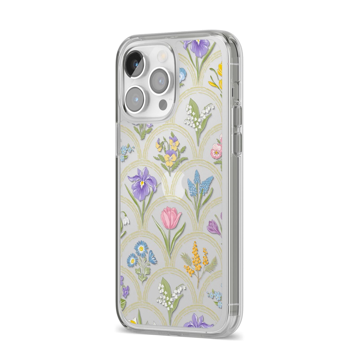Spring Floral Pattern iPhone 14 Pro Max Clear Tough Case Silver Angled Image