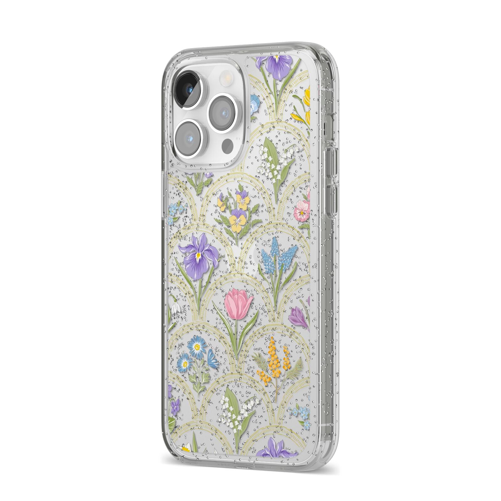 Spring Floral Pattern iPhone 14 Pro Max Glitter Tough Case Silver Angled Image