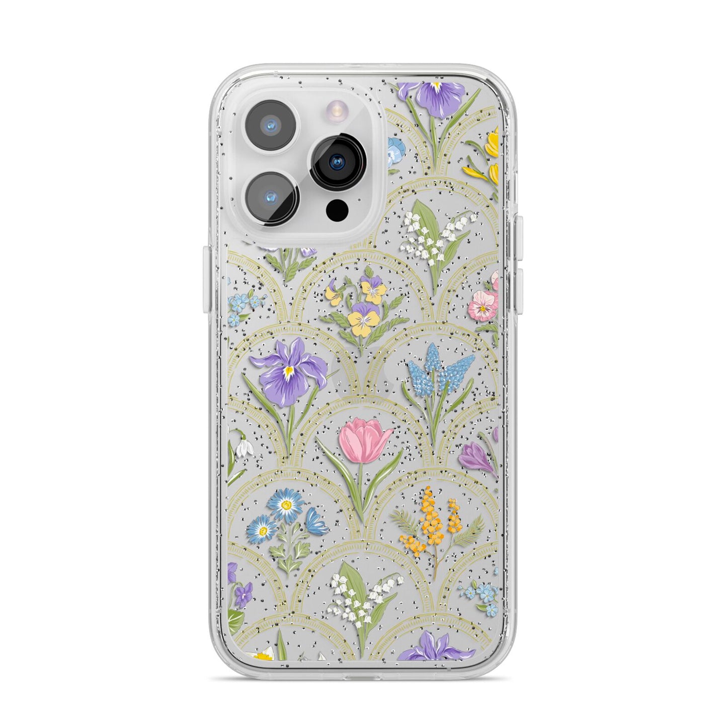Spring Floral Pattern iPhone 14 Pro Max Glitter Tough Case Silver
