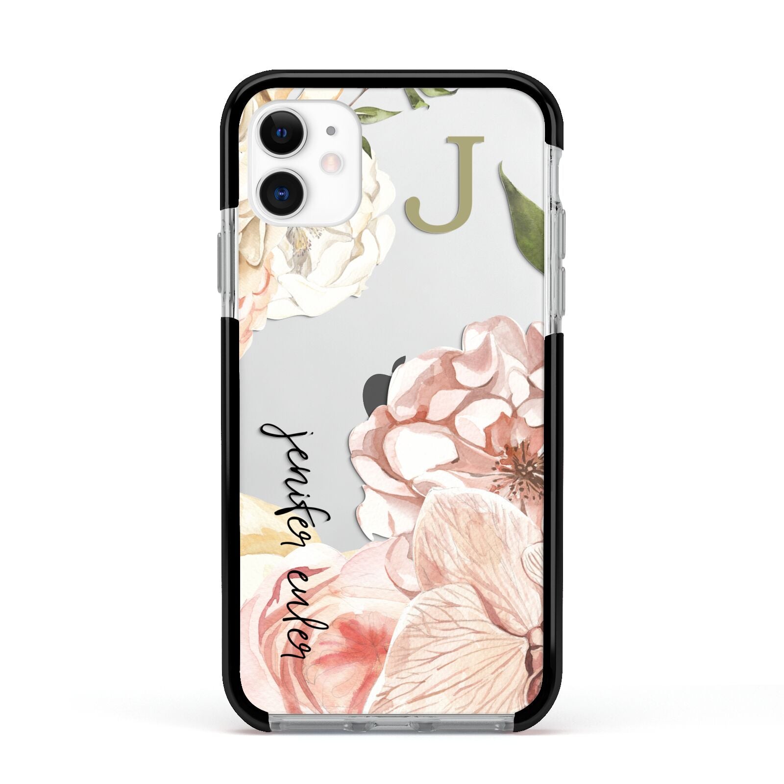 Spring Flowers Personalised Name Apple iPhone 11 in White with Black Impact Case