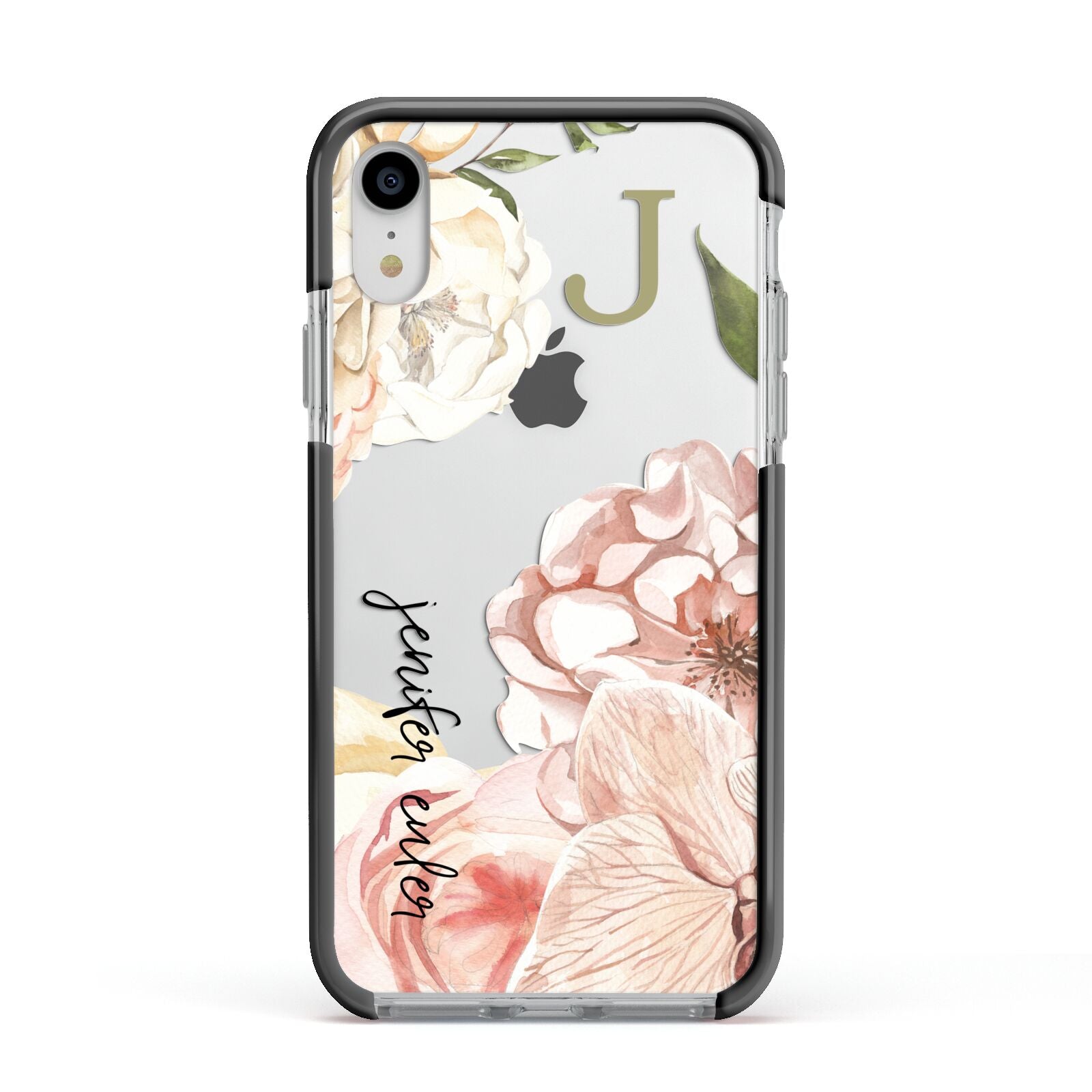 Spring Flowers Personalised Name Apple iPhone XR Impact Case Black Edge on Silver Phone