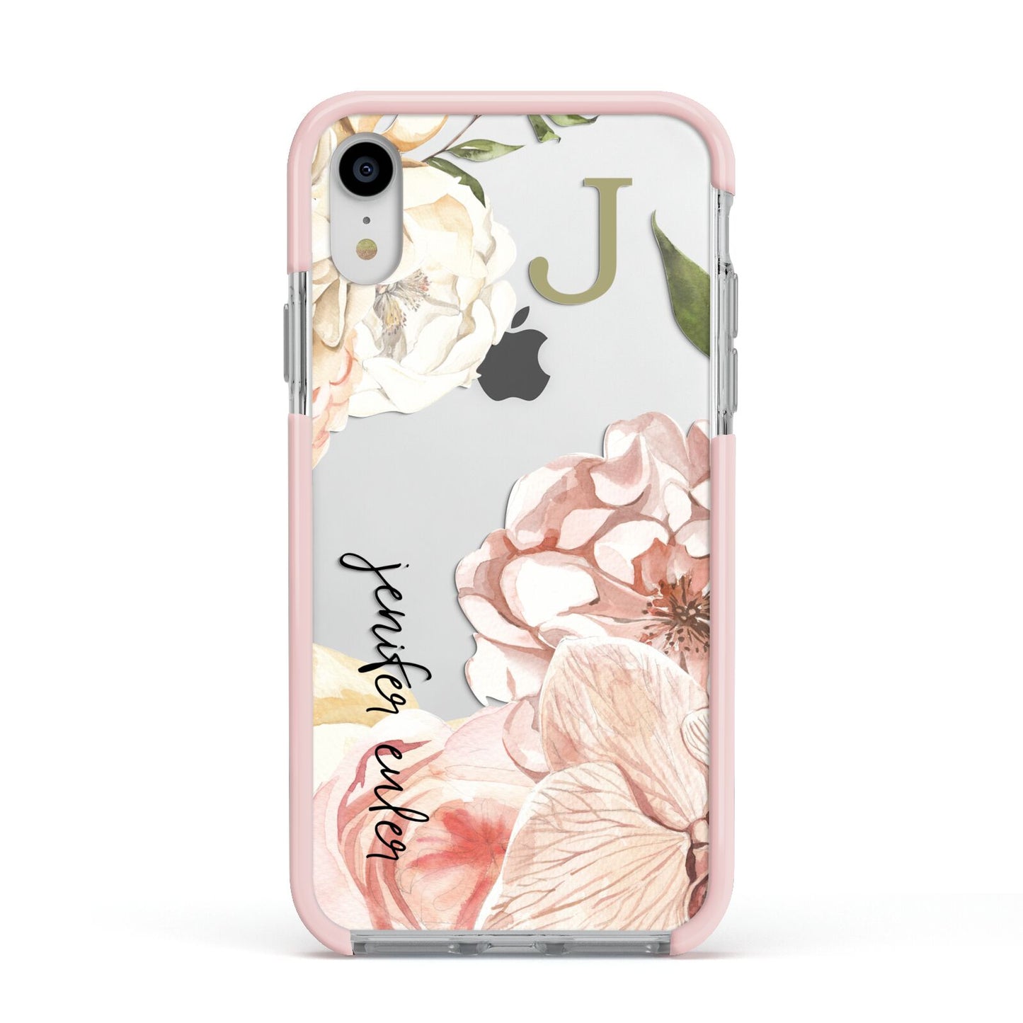 Spring Flowers Personalised Name Apple iPhone XR Impact Case Pink Edge on Silver Phone