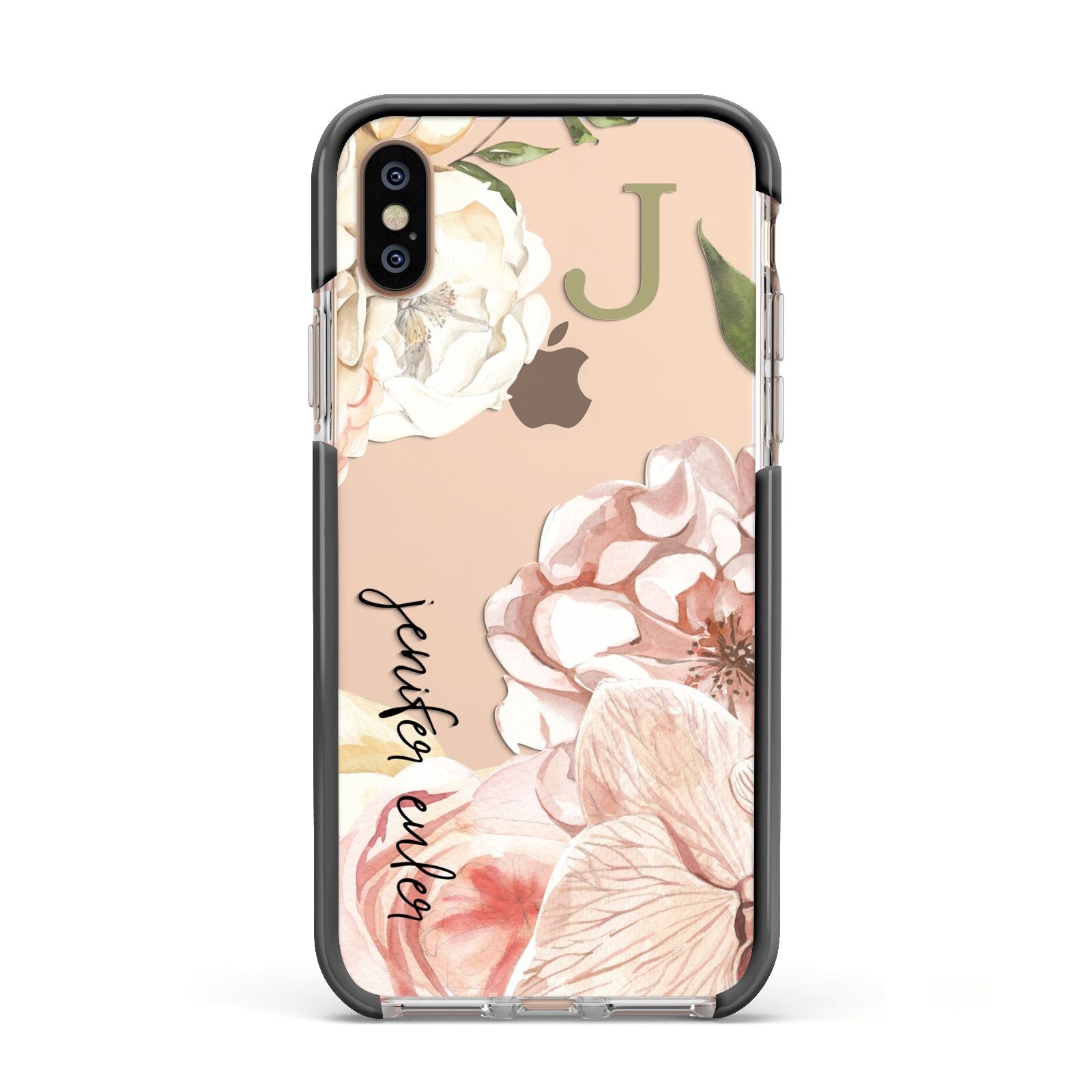 Spring Flowers Personalised Name Apple iPhone Xs Impact Case Black Edge on Gold Phone