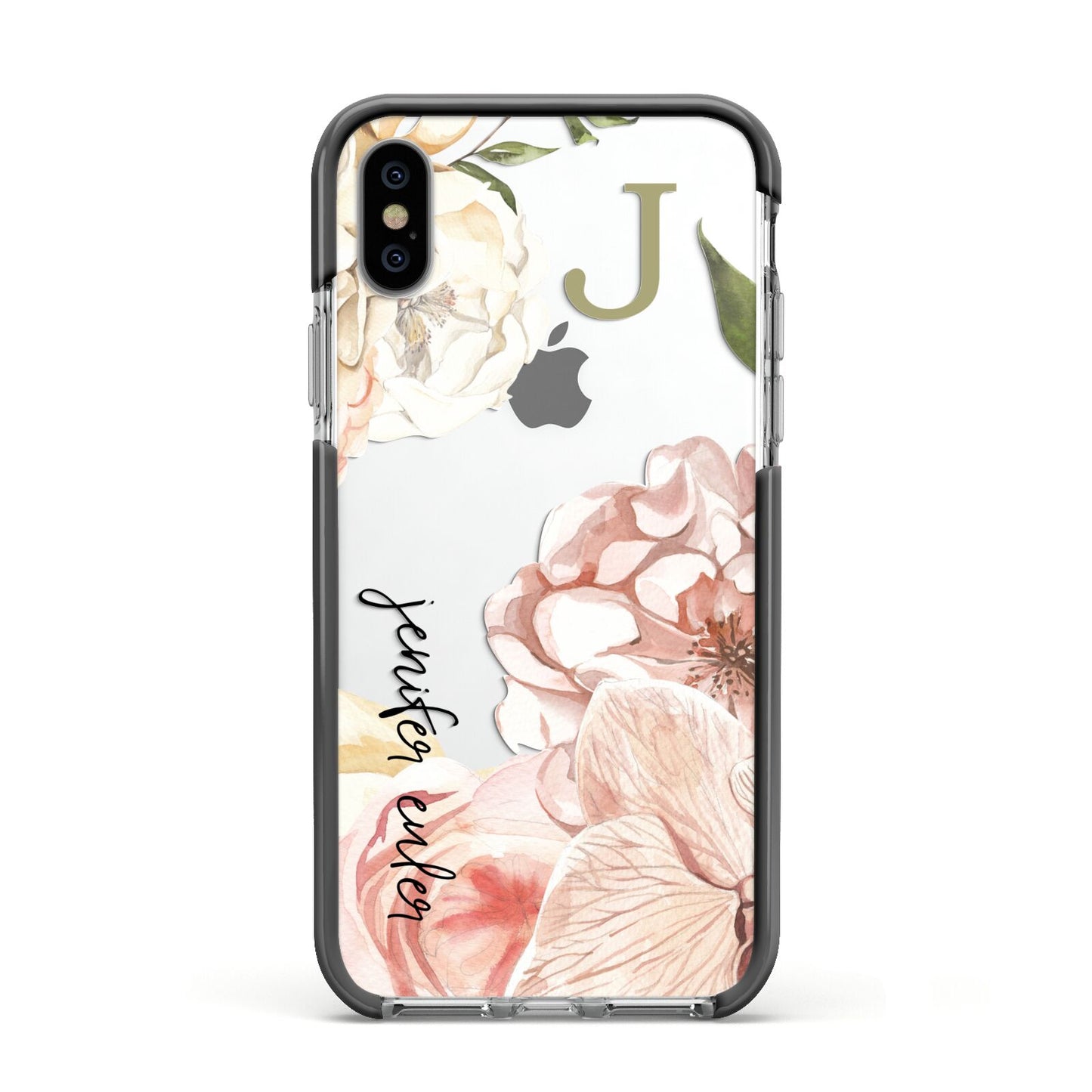 Spring Flowers Personalised Name Apple iPhone Xs Impact Case Black Edge on Silver Phone