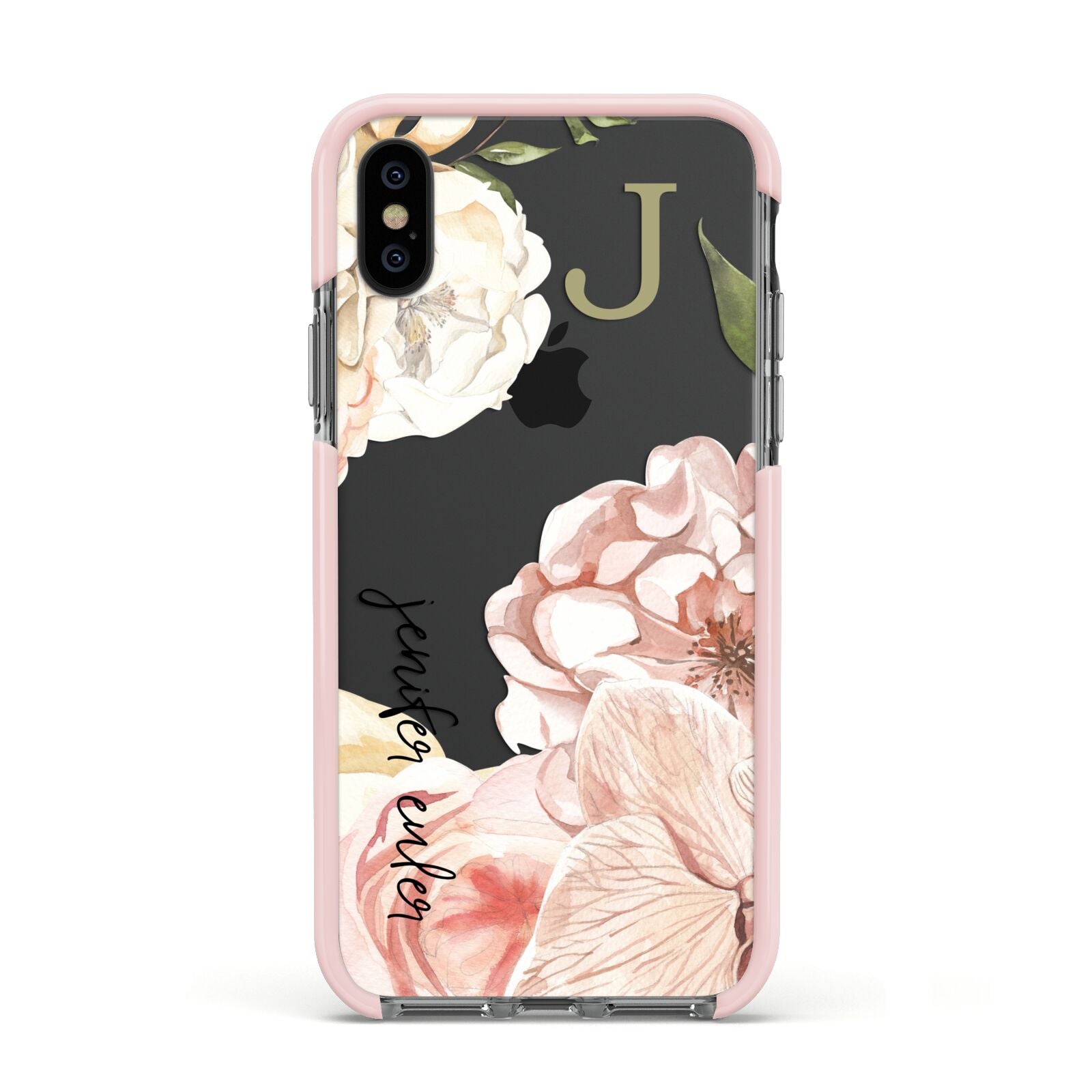 Spring Flowers Personalised Name Apple iPhone Xs Impact Case Pink Edge on Black Phone