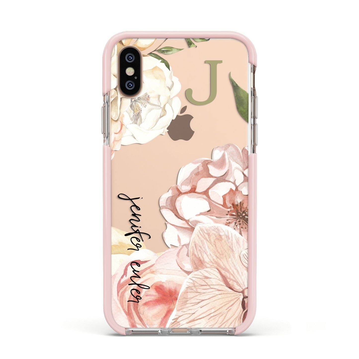 Spring Flowers Personalised Name Apple iPhone Xs Impact Case Pink Edge on Gold Phone