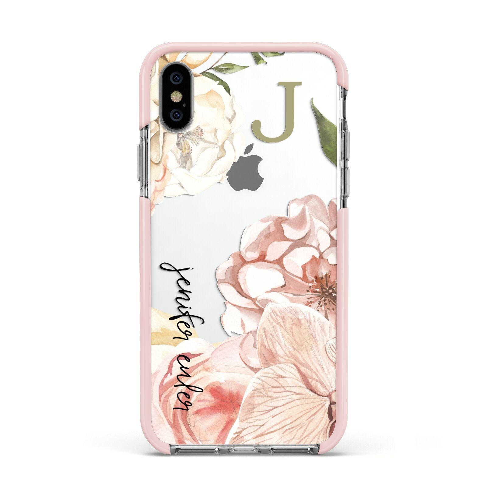 Spring Flowers Personalised Name Apple iPhone Xs Impact Case Pink Edge on Silver Phone