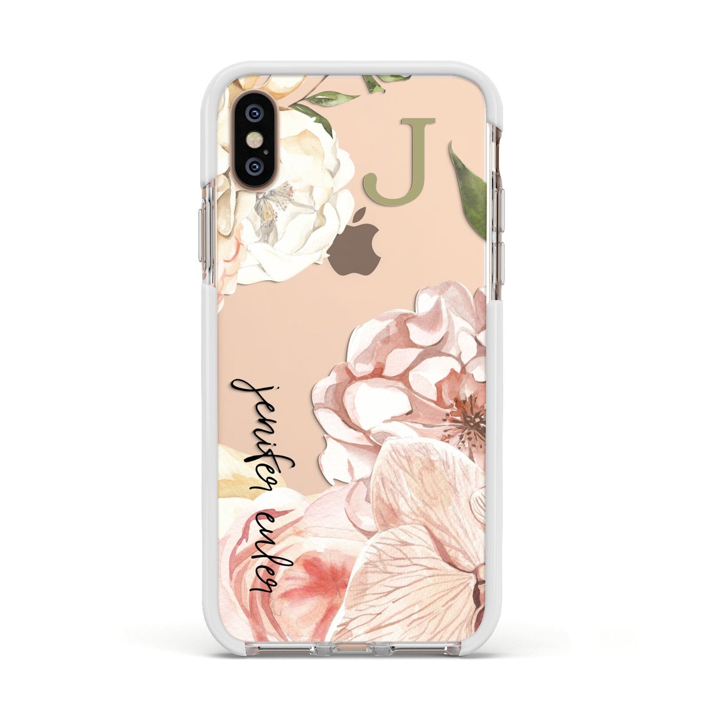 Spring Flowers Personalised Name Apple iPhone Xs Impact Case White Edge on Gold Phone