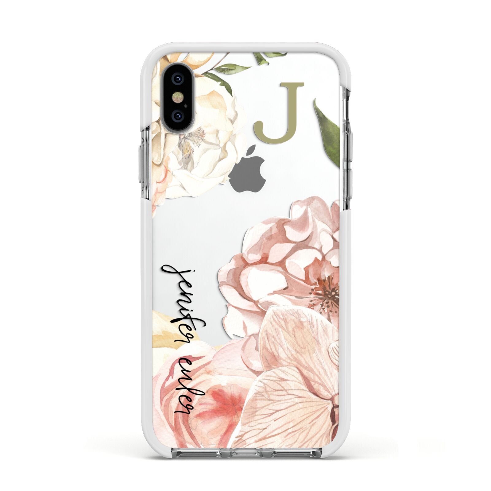 Spring Flowers Personalised Name Apple iPhone Xs Impact Case White Edge on Silver Phone