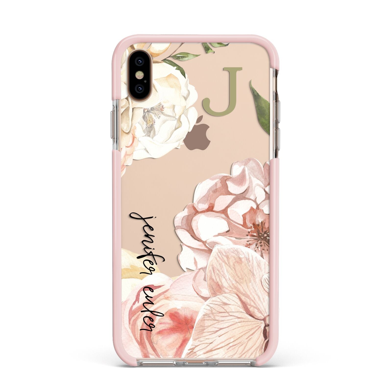 Spring Flowers Personalised Name Apple iPhone Xs Max Impact Case Pink Edge on Gold Phone