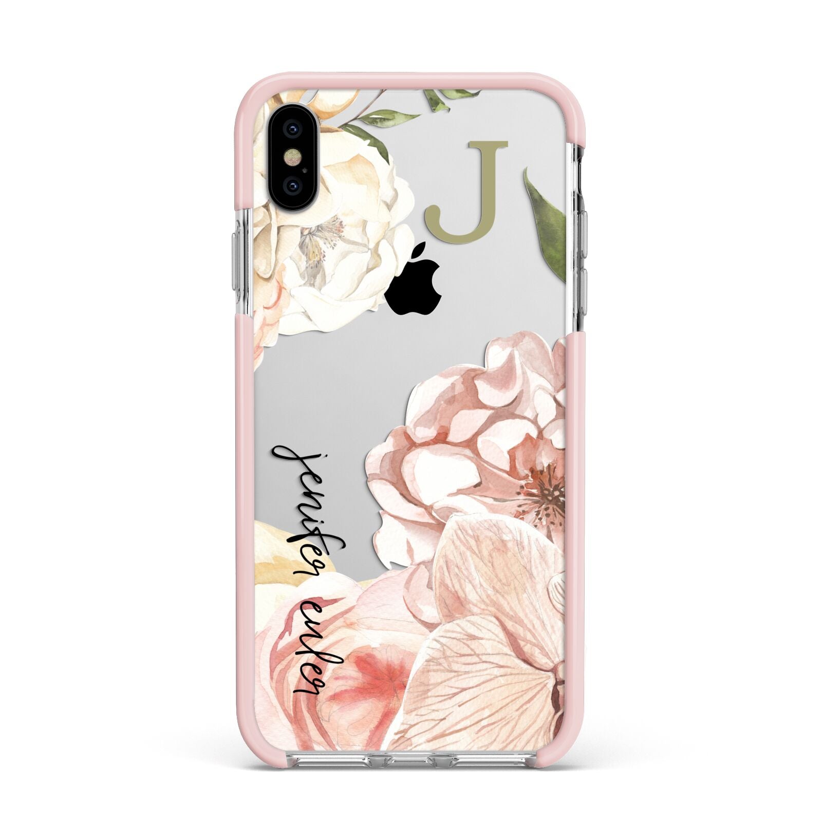 Spring Flowers Personalised Name Apple iPhone Xs Max Impact Case Pink Edge on Silver Phone