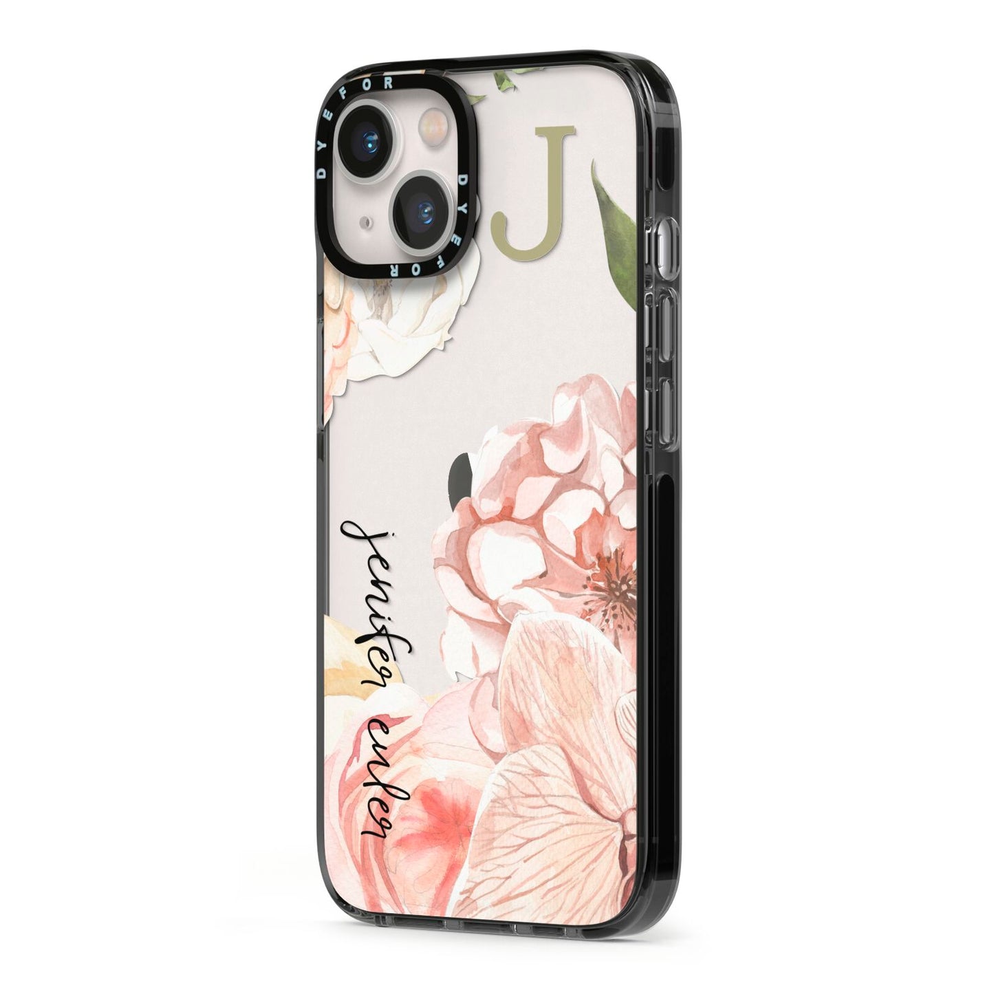 Spring Flowers Personalised Name iPhone 13 Black Impact Case Side Angle on Silver phone